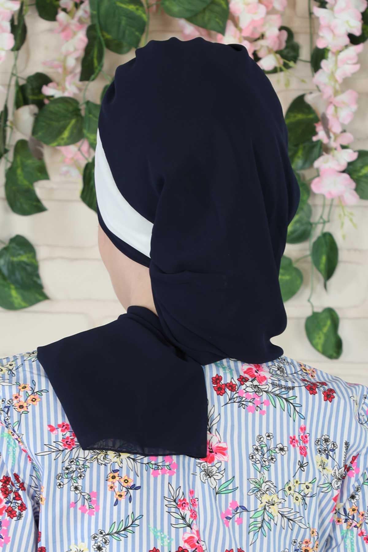 Two Colors Instant Turban Lightweight Multicolor Chiffon Scarf Head Turbans For Women Headwear Stylish Elegant Design,HT-52 Navy Blue - White