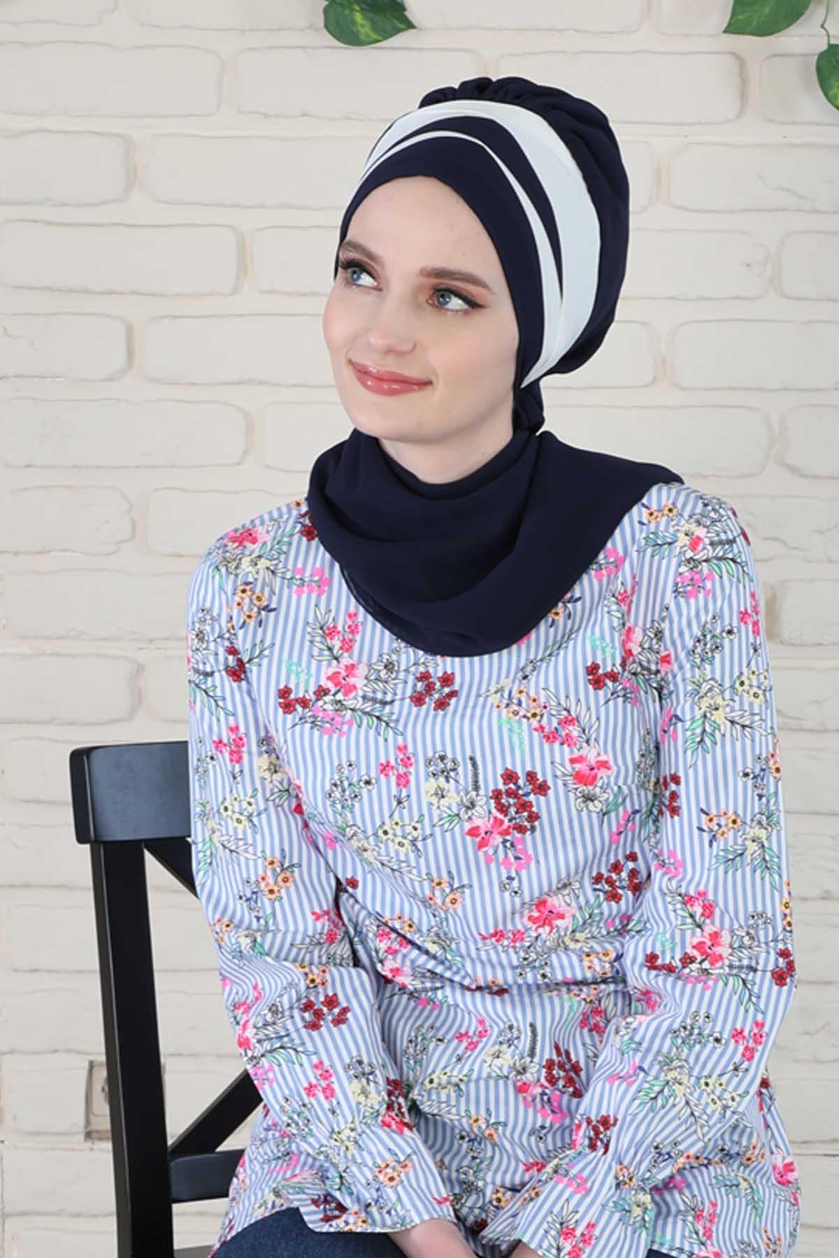 Two Colors Instant Turban Lightweight Multicolor Chiffon Scarf Head Turbans For Women Headwear Stylish Elegant Design,HT-52 Navy Blue - White