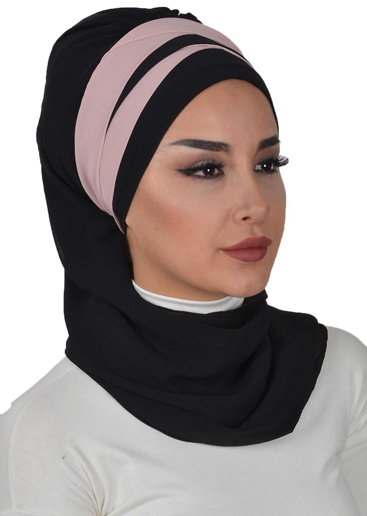 Two Colors Instant Turban Lightweight Multicolor Chiffon Scarf Head Turbans For Women Headwear Stylish Elegant Design,HT-52 Black - Powder