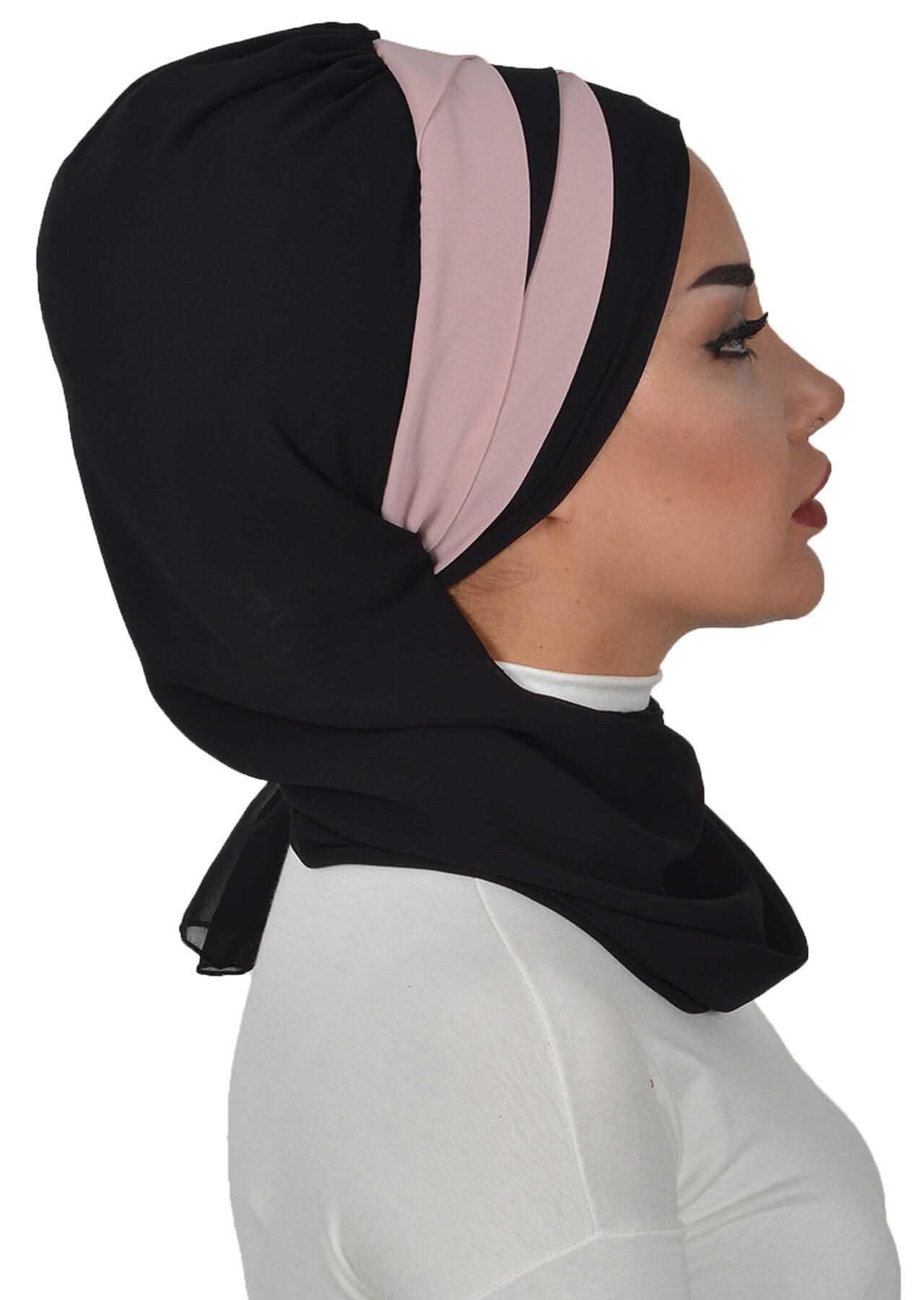 Two Colors Instant Turban Lightweight Multicolor Chiffon Scarf Head Turbans For Women Headwear Stylish Elegant Design,HT-52 Black - Powder