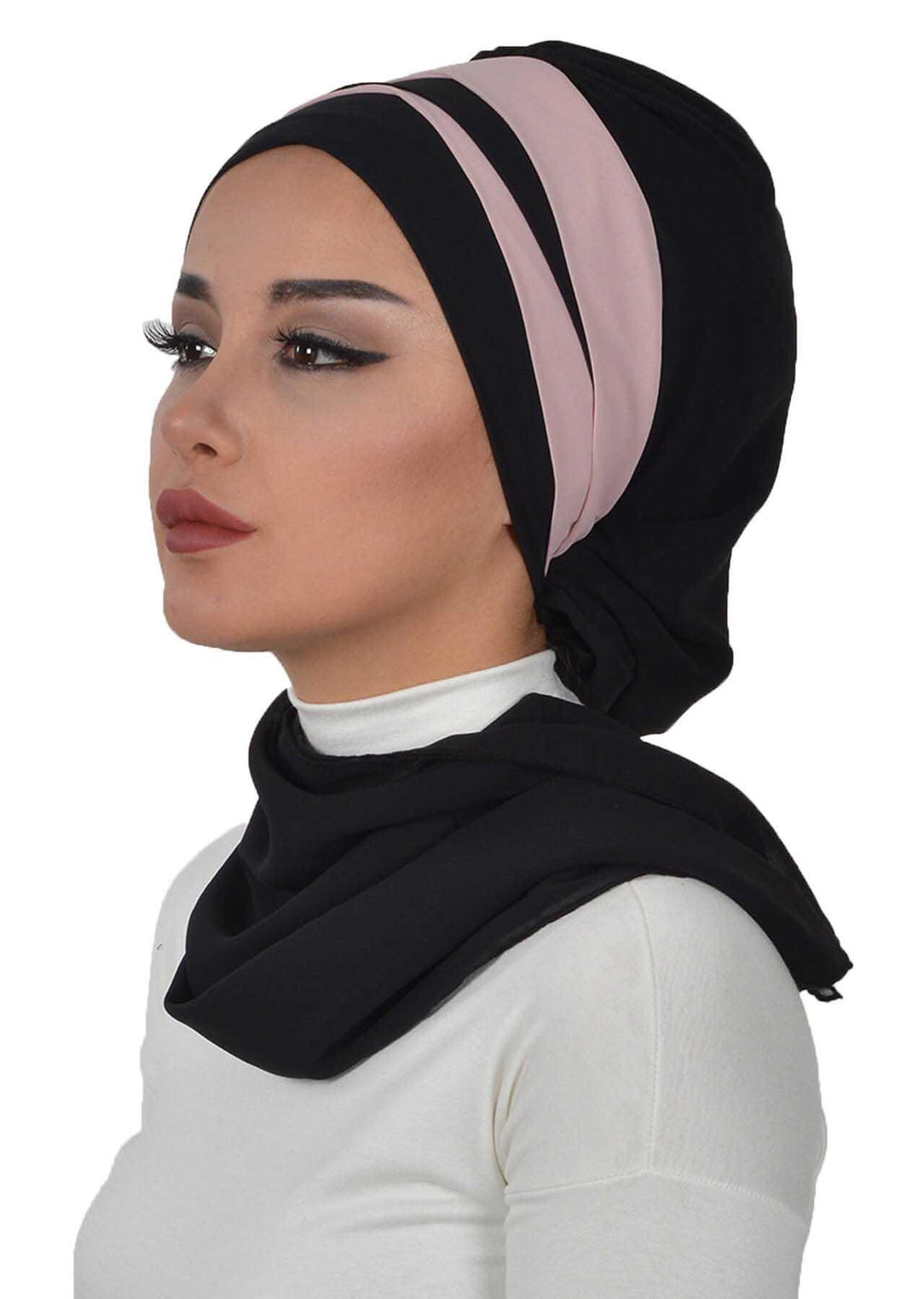 Two Colors Instant Turban Lightweight Multicolor Chiffon Scarf Head Turbans For Women Headwear Stylish Elegant Design,HT-52 Black - Powder