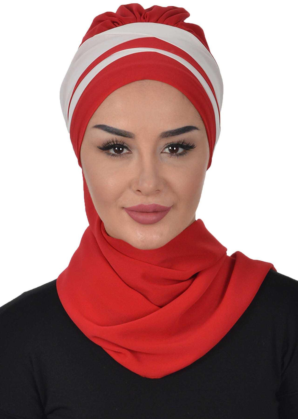 Two Colors Instant Turban Lightweight Multicolor Chiffon Scarf Head Turbans For Women Headwear Stylish Elegant Design,HT-52 Red - Ivory