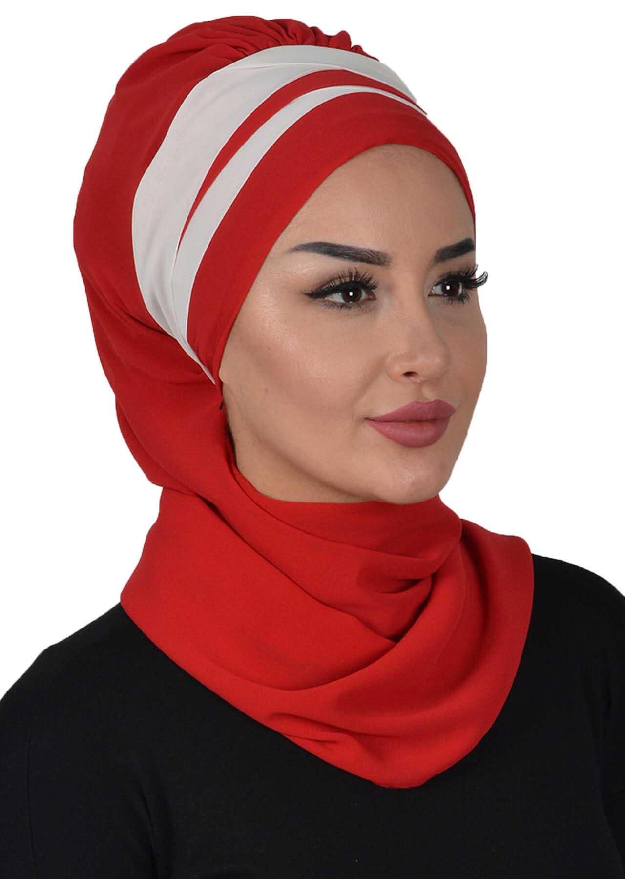 Two Colors Instant Turban Lightweight Multicolor Chiffon Scarf Head Turbans For Women Headwear Stylish Elegant Design,HT-52 Red - Ivory