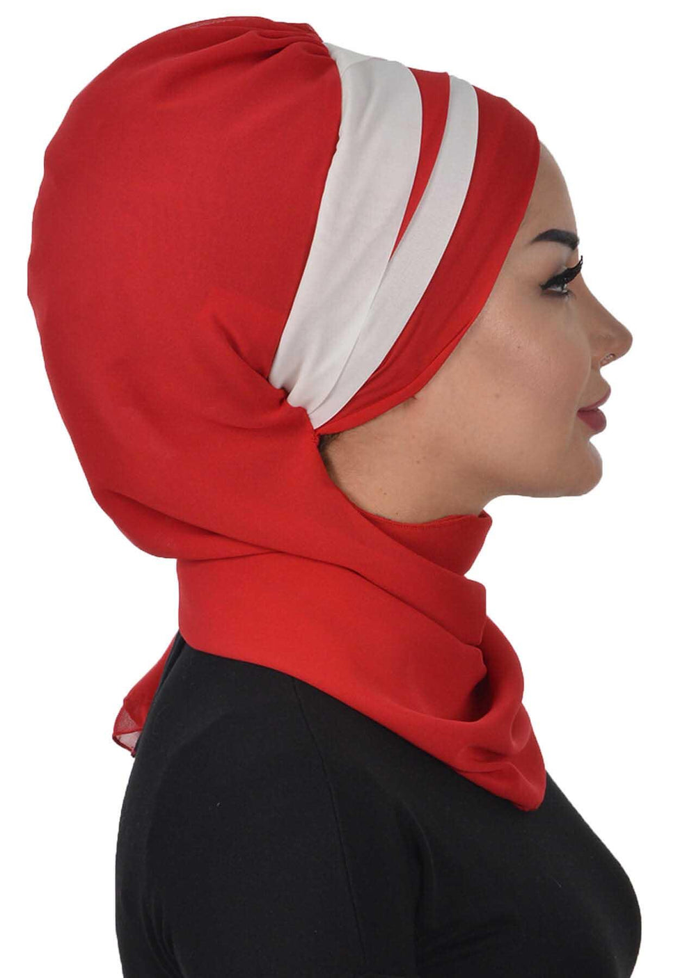 Two Colors Instant Turban Lightweight Multicolor Chiffon Scarf Head Turbans For Women Headwear Stylish Elegant Design,HT-52 Red - Ivory