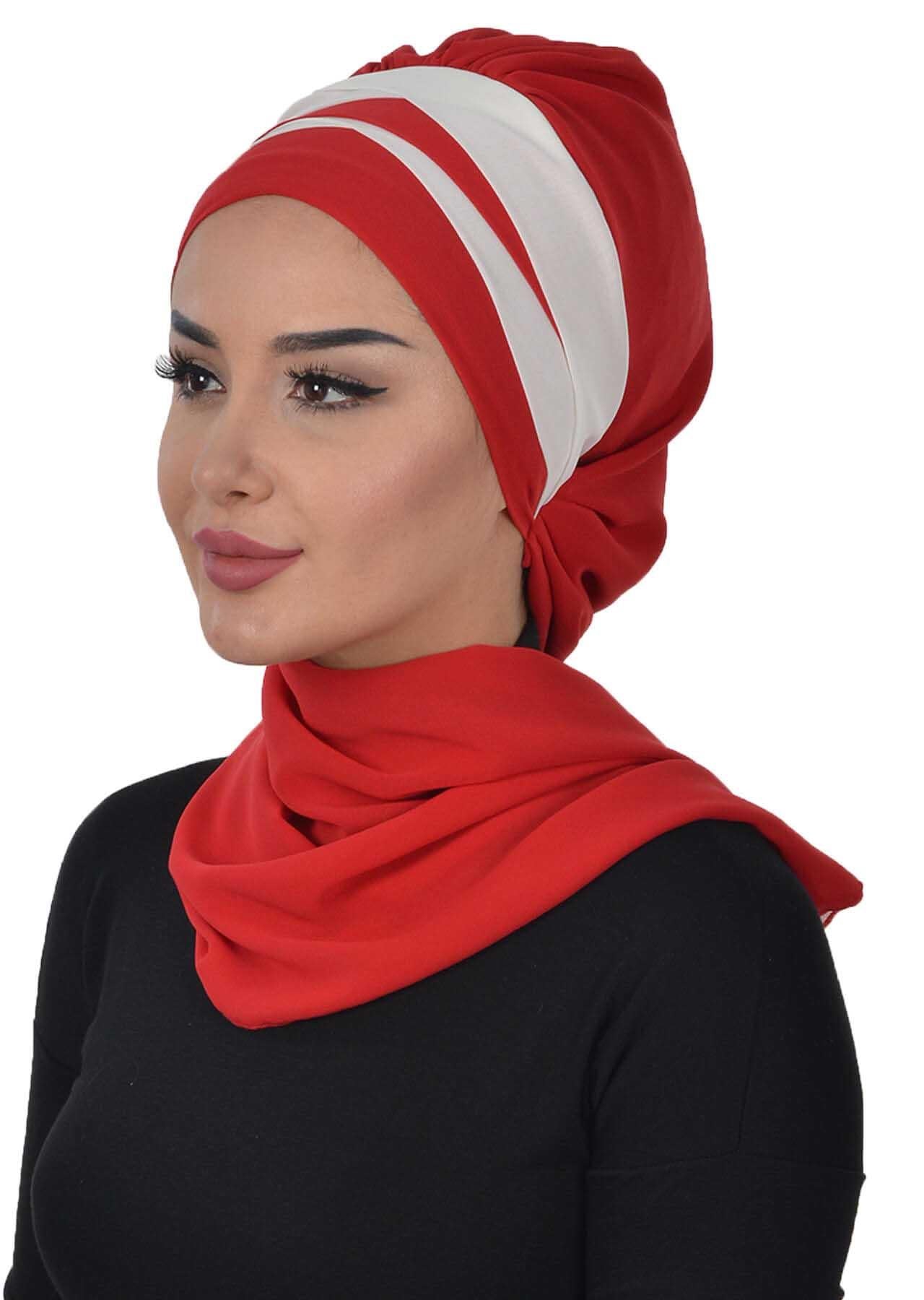 Two Colors Instant Turban Lightweight Multicolor Chiffon Scarf Head Turbans For Women Headwear Stylish Elegant Design,HT-52 Red - Ivory