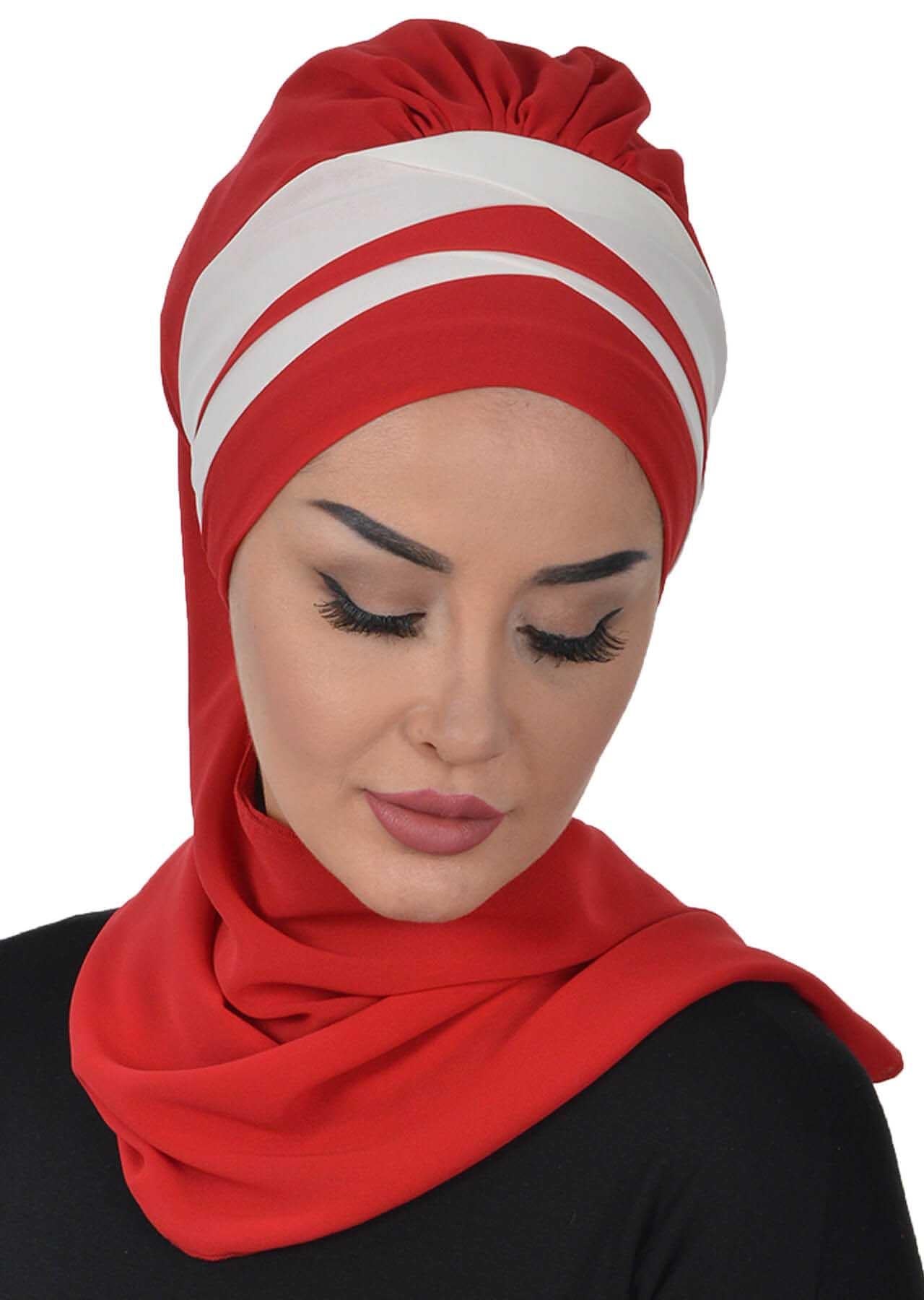 Two Colors Instant Turban Lightweight Multicolor Chiffon Scarf Head Turbans For Women Headwear Stylish Elegant Design,HT-52 Red - Ivory