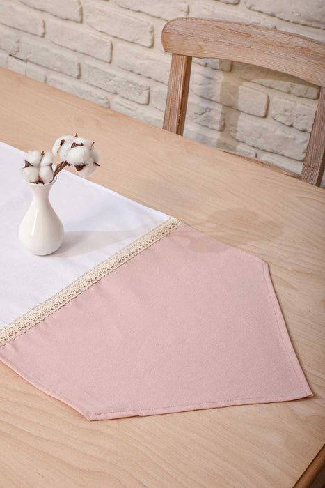 Two Colors Trimmed Linen Textured Fabric Table Runner with Lace Embroidery Table Cloth for Home Kitchen Decorations Parties, BBQs,,R-28K