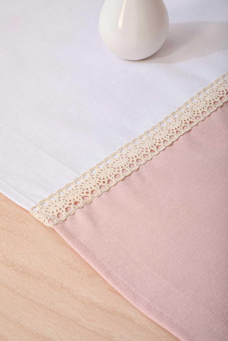 Two Colors Trimmed Linen Textured Fabric Table Runner with Lace Embroidery Table Cloth for Home Kitchen Decorations Parties, BBQs,,R-28K