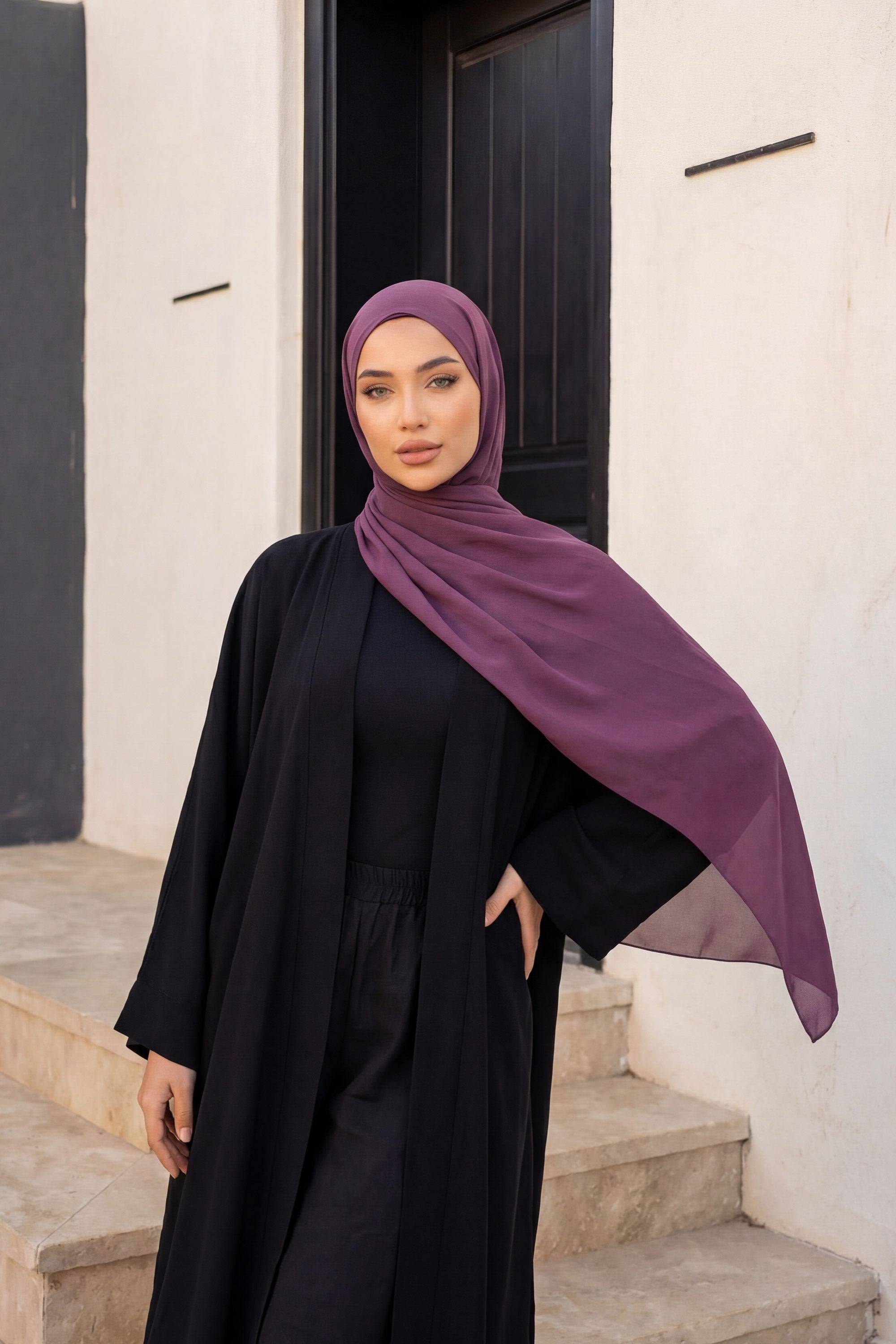 Two Piece Crepe Hijab Set with Cotton Bonnet, Lightweight Modest Scarf and Undercap Combo for Women,PS-50 Purple