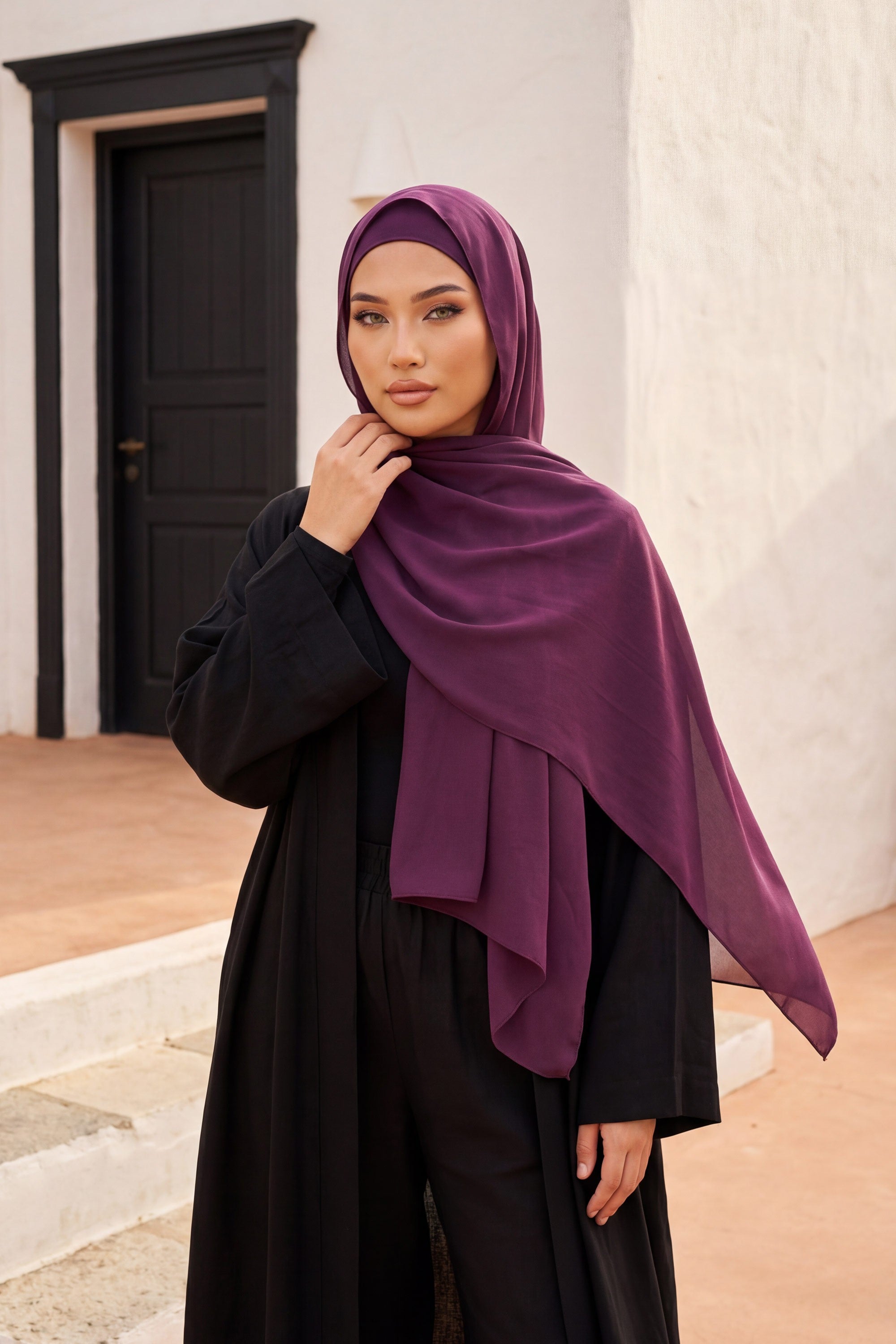 Two Piece Crepe Hijab Set with Cotton Bonnet, Lightweight Modest Scarf and Undercap Combo for Women,PS-50 Purple