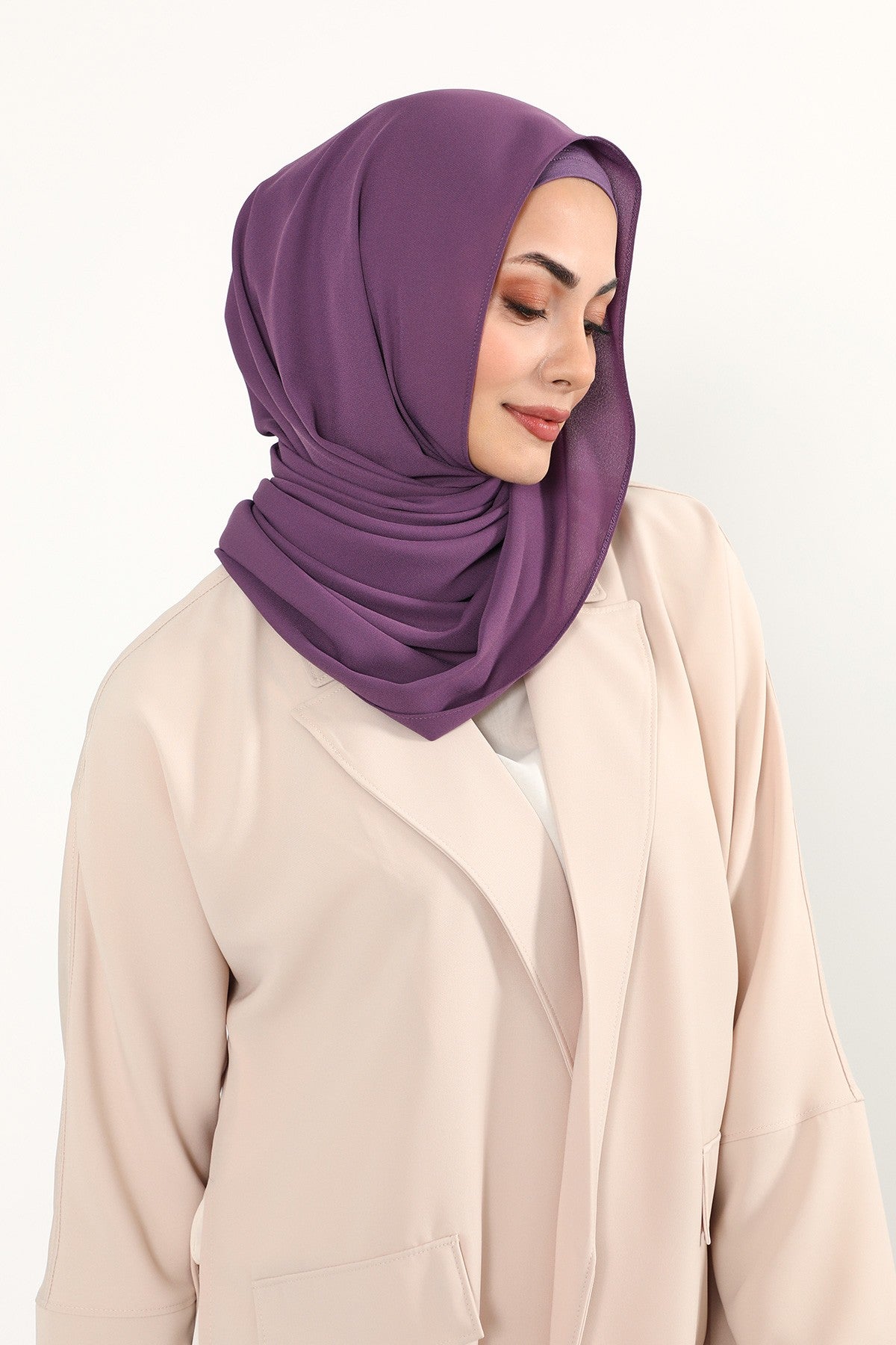 Two Piece Crepe Hijab Set with Cotton Bonnet, Lightweight Modest Scarf and Undercap Combo for Women,PS-50 Purple