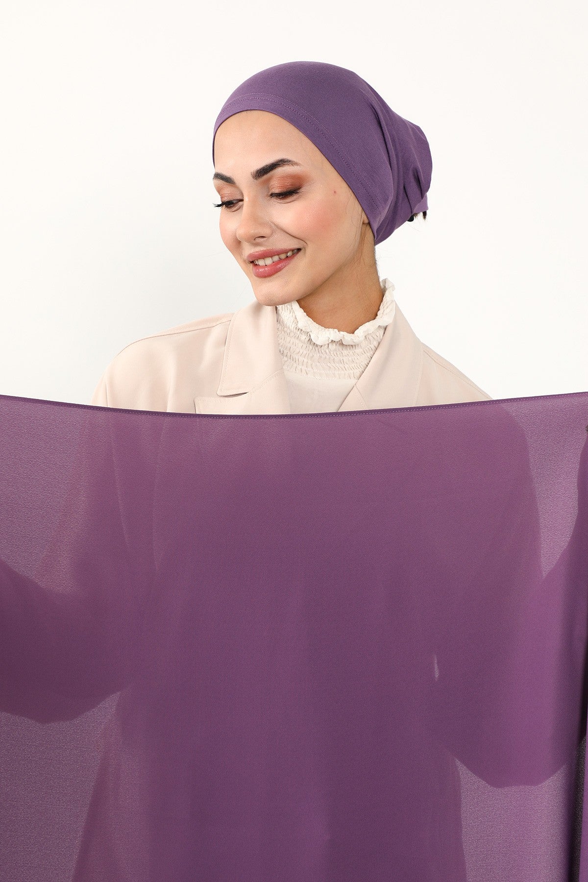 Two Piece Crepe Hijab Set with Cotton Bonnet, Lightweight Modest Scarf and Undercap Combo for Women,PS-50 Purple