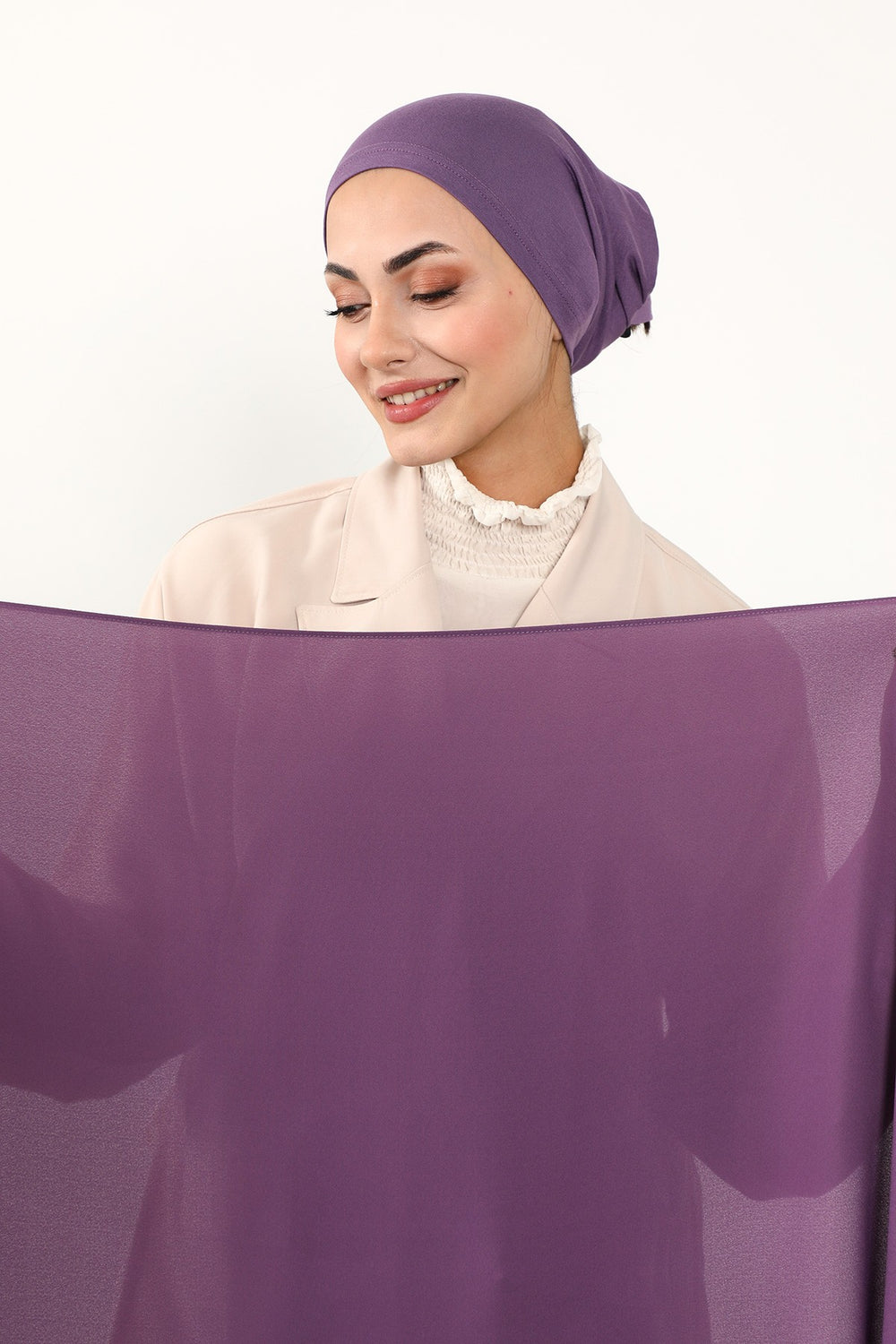 Two Piece Crepe Hijab Set with Cotton Bonnet, Lightweight Modest Scarf and Undercap Combo for Women,PS-50 Purple