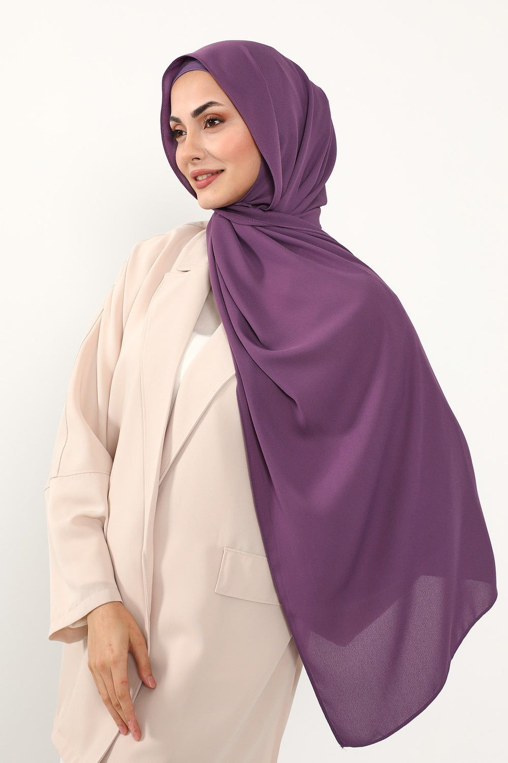 Two Piece Crepe Hijab Set with Cotton Bonnet, Lightweight Modest Scarf and Undercap Combo for Women,PS-50 Purple