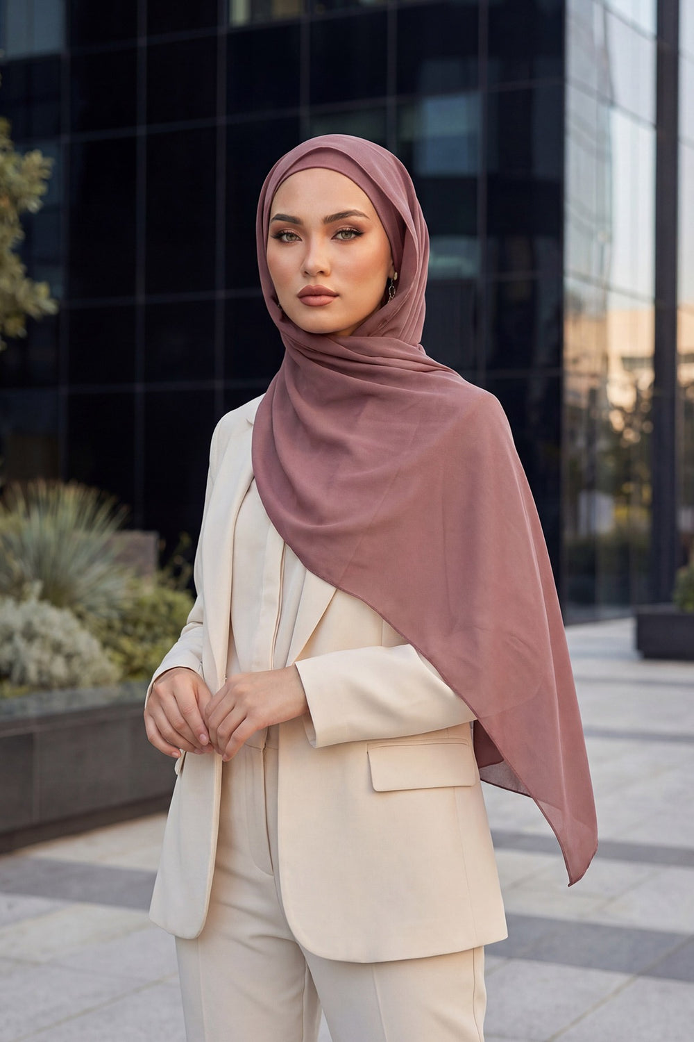 Two Piece Crepe Hijab Set with Cotton Bonnet, Lightweight Modest Scarf and Undercap Combo for Women,PS-50 Dusty Rose