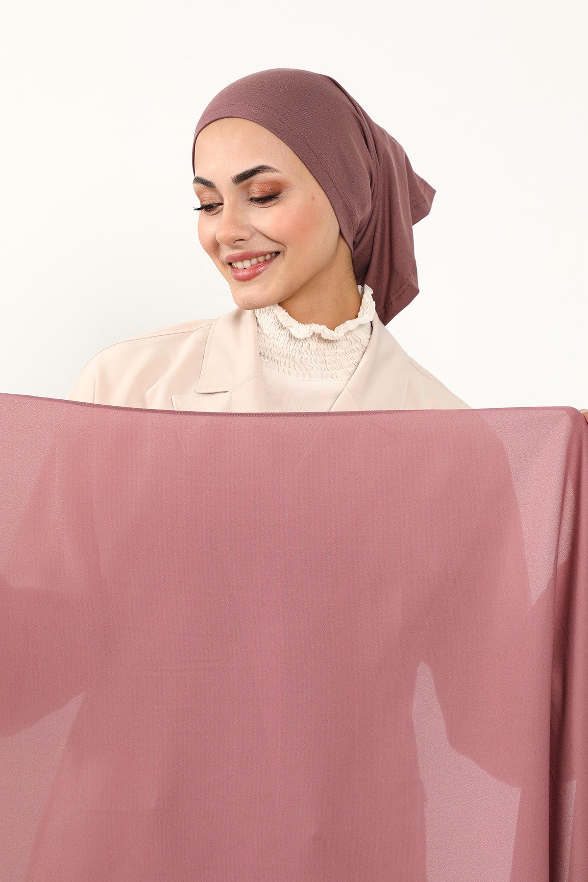 Two Piece Crepe Hijab Set with Cotton Bonnet, Lightweight Modest Scarf and Undercap Combo for Women,PS-50 Dusty Rose