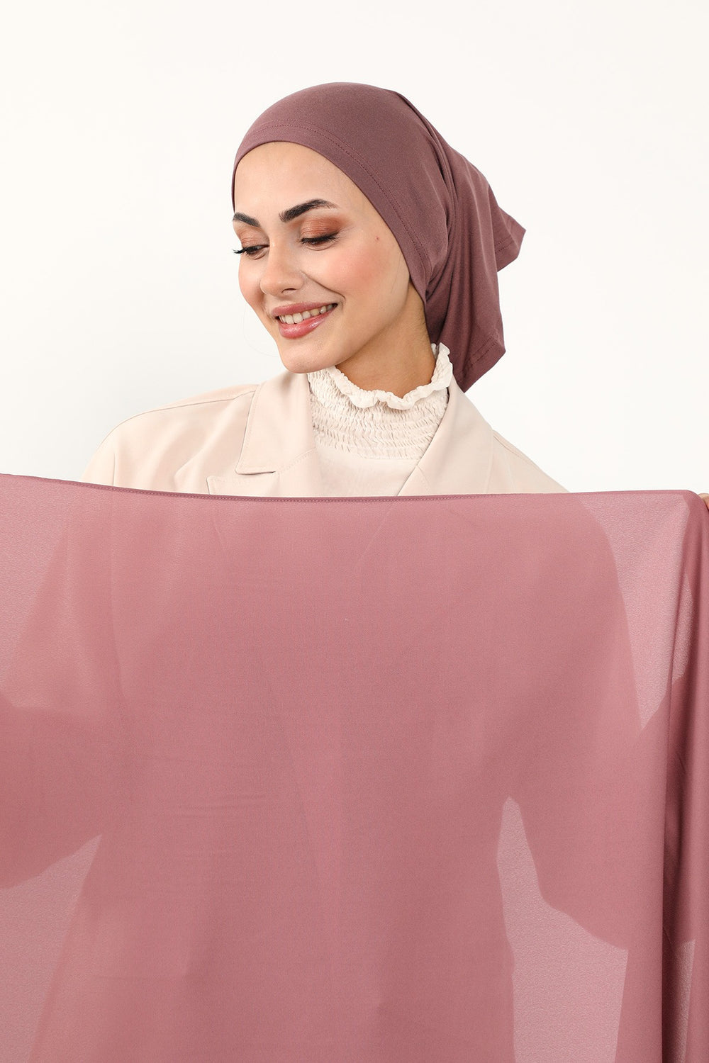 Two Piece Crepe Hijab Set with Cotton Bonnet, Lightweight Modest Scarf and Undercap Combo for Women,PS-50 Dusty Rose