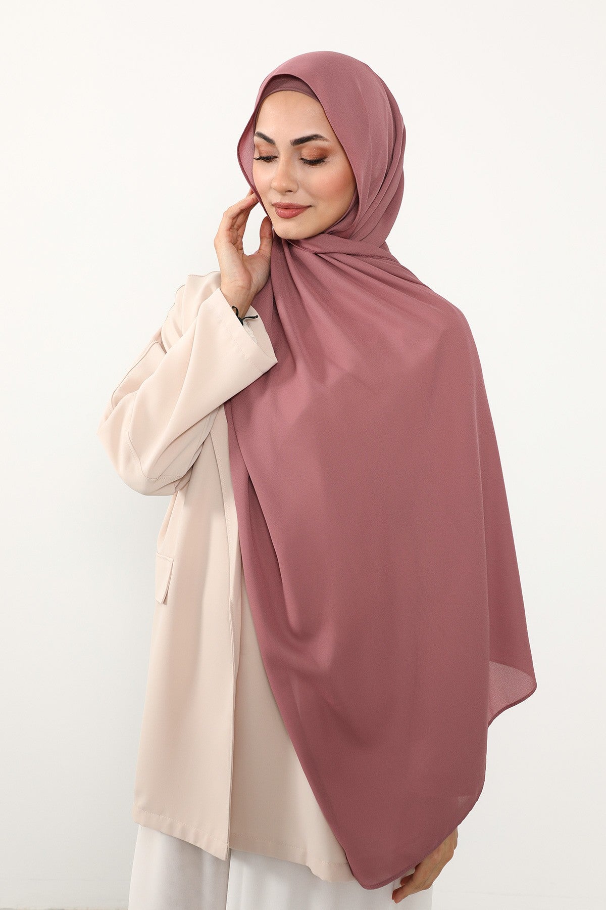 Two Piece Crepe Hijab Set with Cotton Bonnet, Lightweight Modest Scarf and Undercap Combo for Women,PS-50 Dusty Rose
