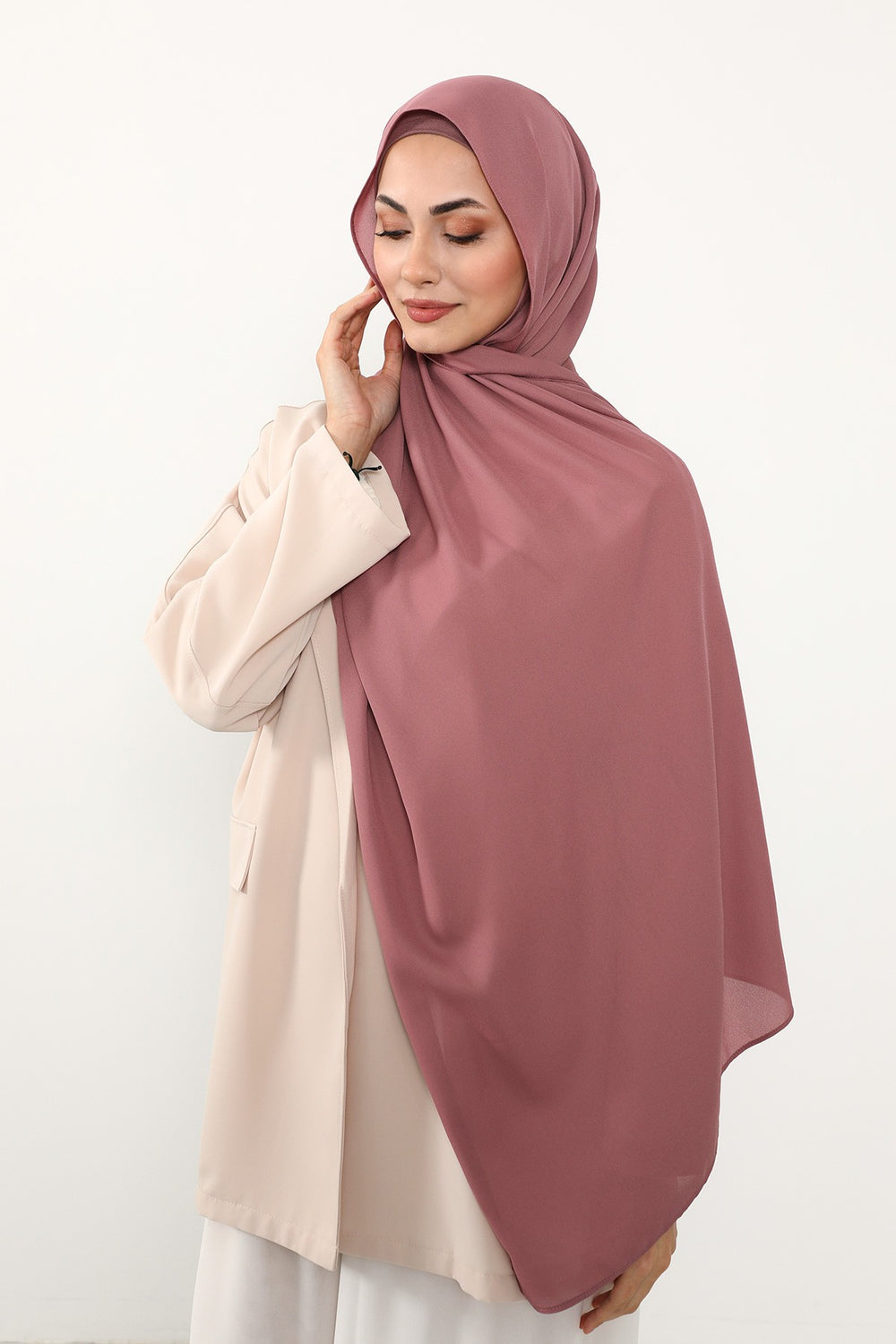 Two Piece Crepe Hijab Set with Cotton Bonnet, Lightweight Modest Scarf and Undercap Combo for Women,PS-50 Dusty Rose