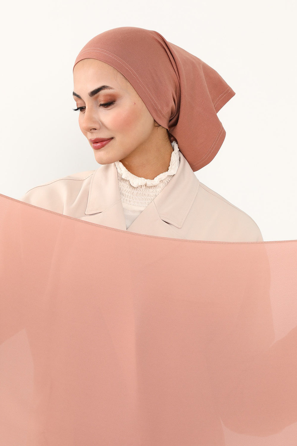 Two Piece Crepe Hijab Set with Cotton Bonnet, Lightweight Modest Scarf and Undercap Combo for Women,PS-50 Cappucino