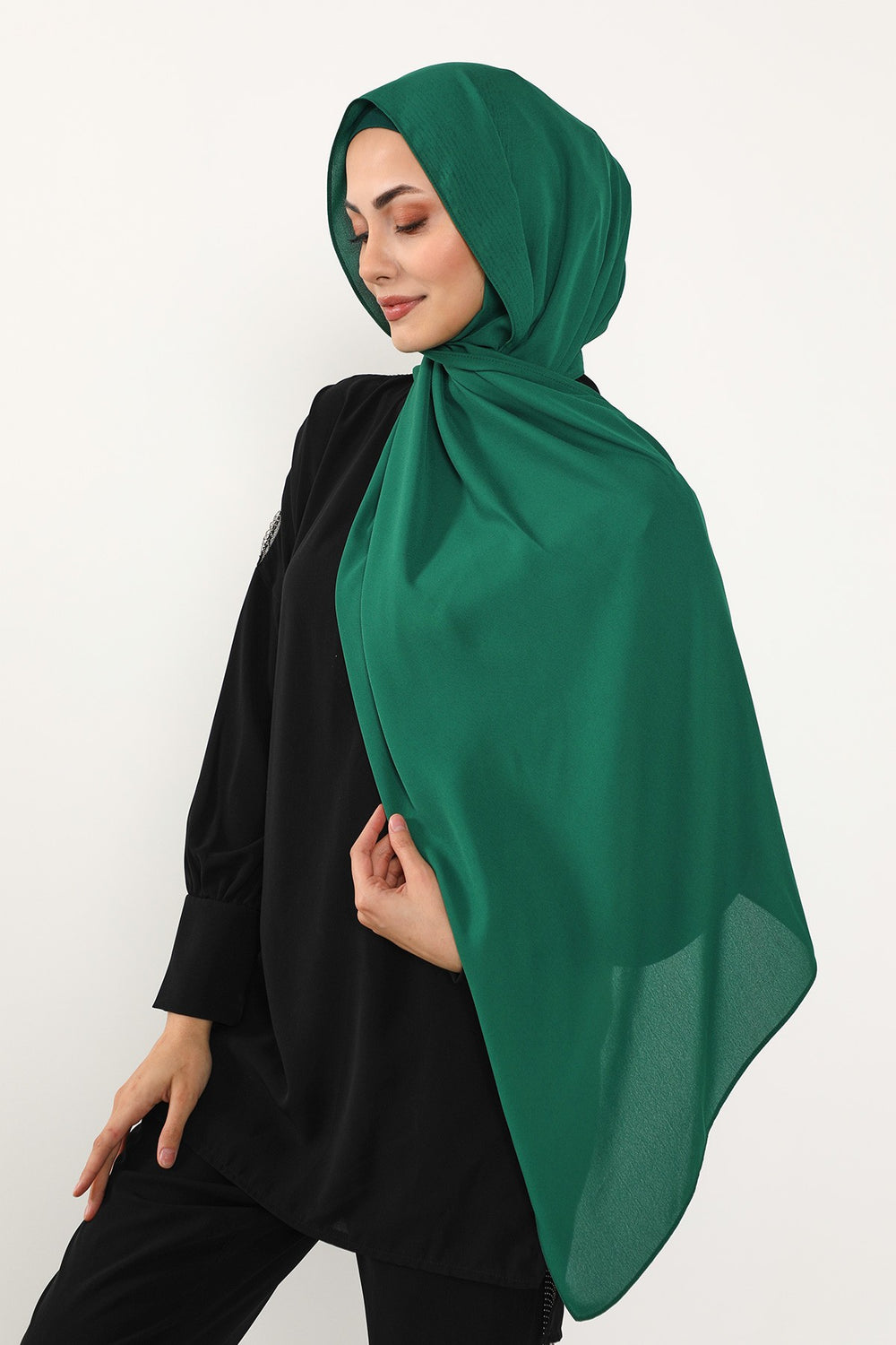 Two Piece Crepe Hijab Set with Cotton Bonnet, Lightweight Modest Scarf and Undercap Combo for Women,PS-50 Green