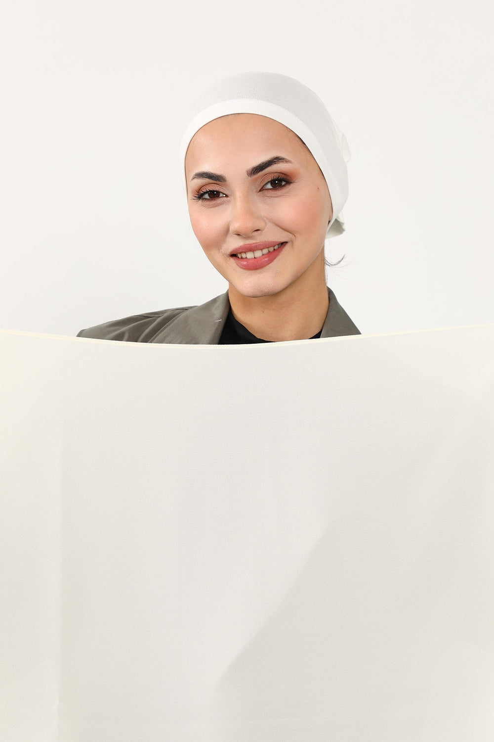 Two Piece Crepe Hijab Set with Cotton Bonnet, Lightweight Modest Scarf and Undercap Combo for Women,PS-50 Ivory