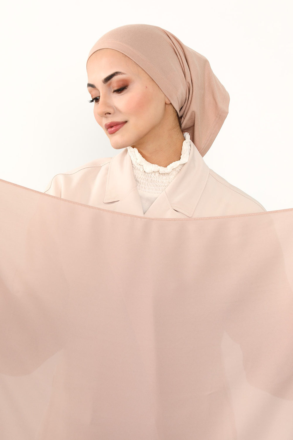 Two Piece Crepe Hijab Set with Cotton Bonnet, Lightweight Modest Scarf and Undercap Combo for Women,PS-50 Light Mink