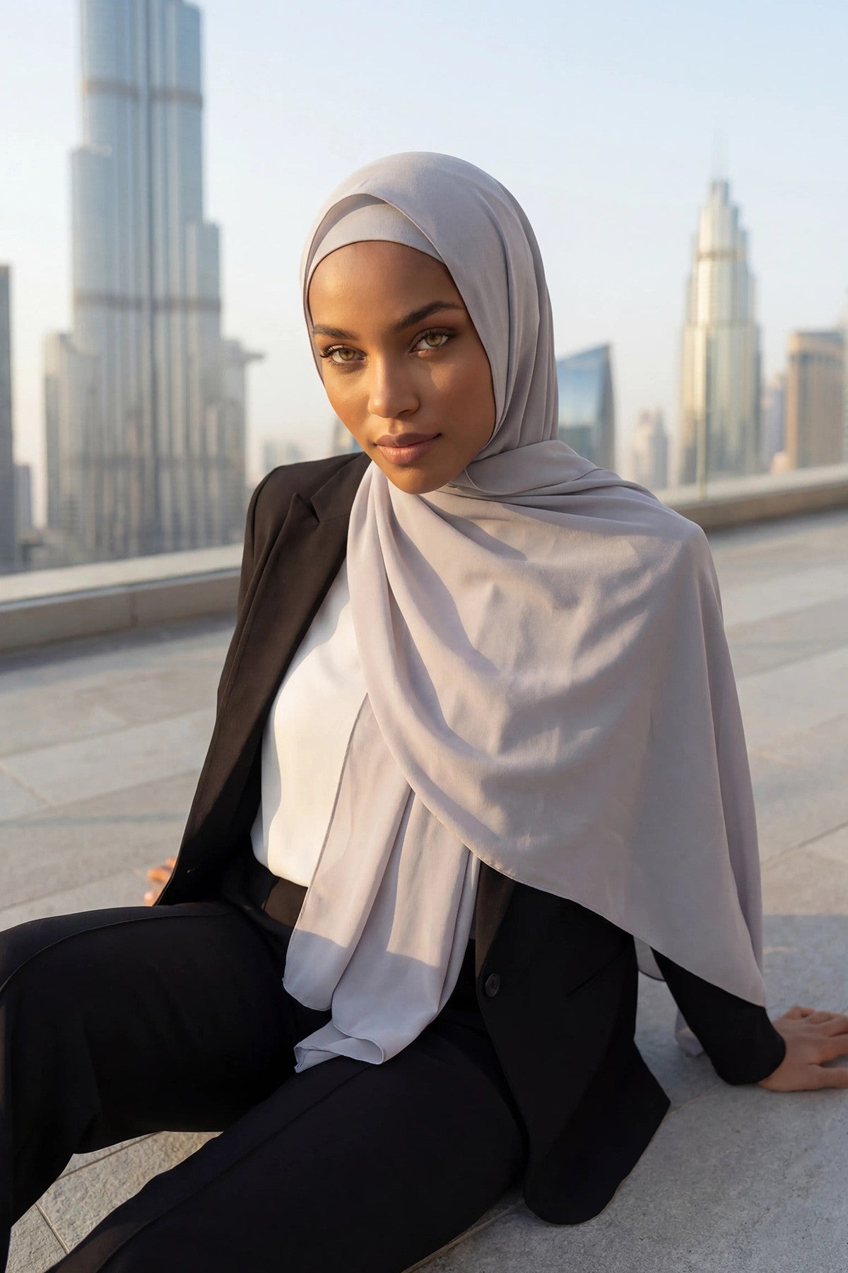 Two Piece Crepe Hijab Set with Cotton Bonnet, Lightweight Modest Scarf and Undercap Combo for Women,PS-50 Grey