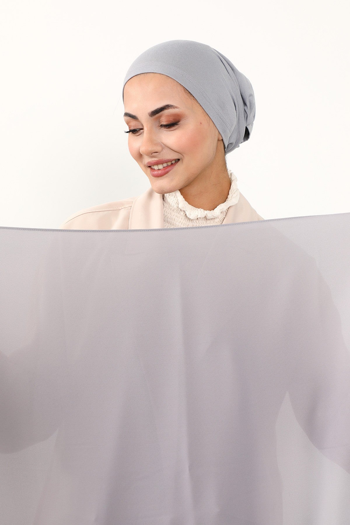 Two Piece Crepe Hijab Set with Cotton Bonnet, Lightweight Modest Scarf and Undercap Combo for Women,PS-50 Grey