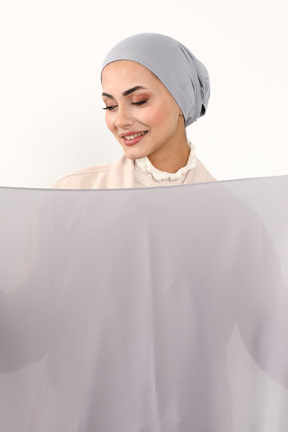 Two Piece Crepe Hijab Set with Cotton Bonnet, Lightweight Modest Scarf and Undercap Combo for Women,PS-50 Grey