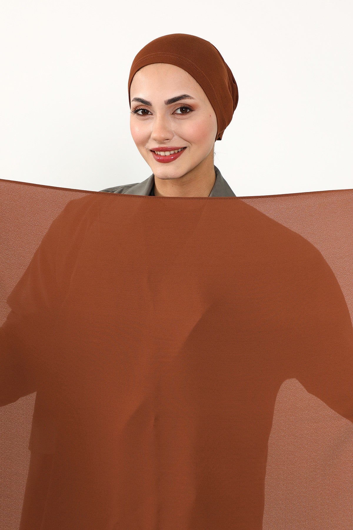 Two Piece Crepe Hijab Set with Cotton Bonnet, Lightweight Modest Scarf and Undercap Combo for Women,PS-50 Tile Red