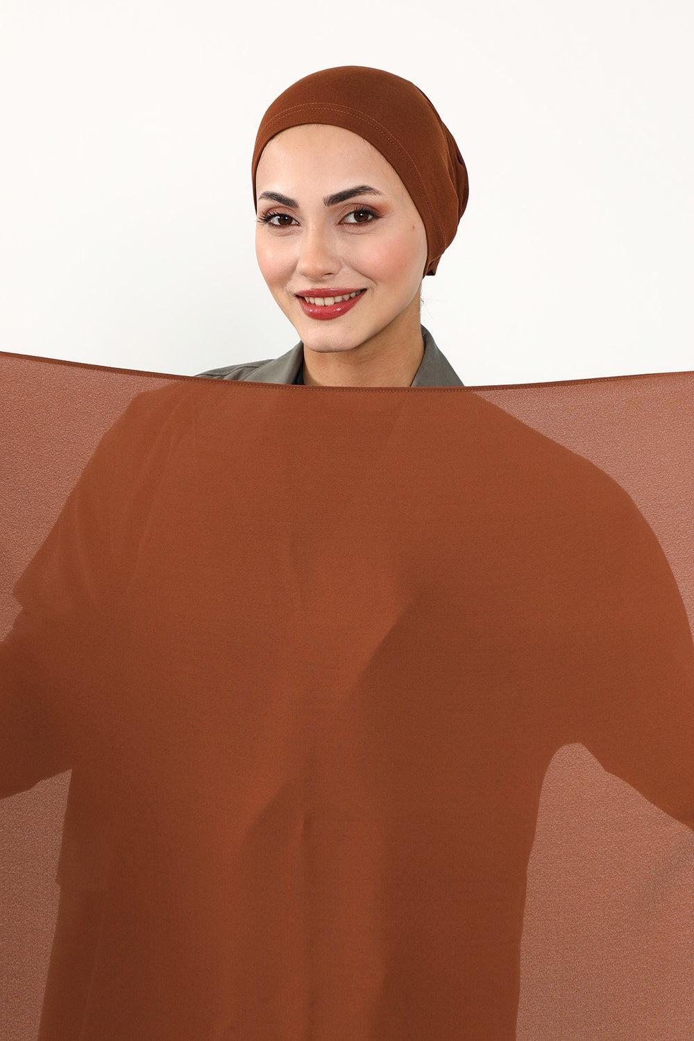 Two Piece Crepe Hijab Set with Cotton Bonnet, Lightweight Modest Scarf and Undercap Combo for Women,PS-50 Tile Red