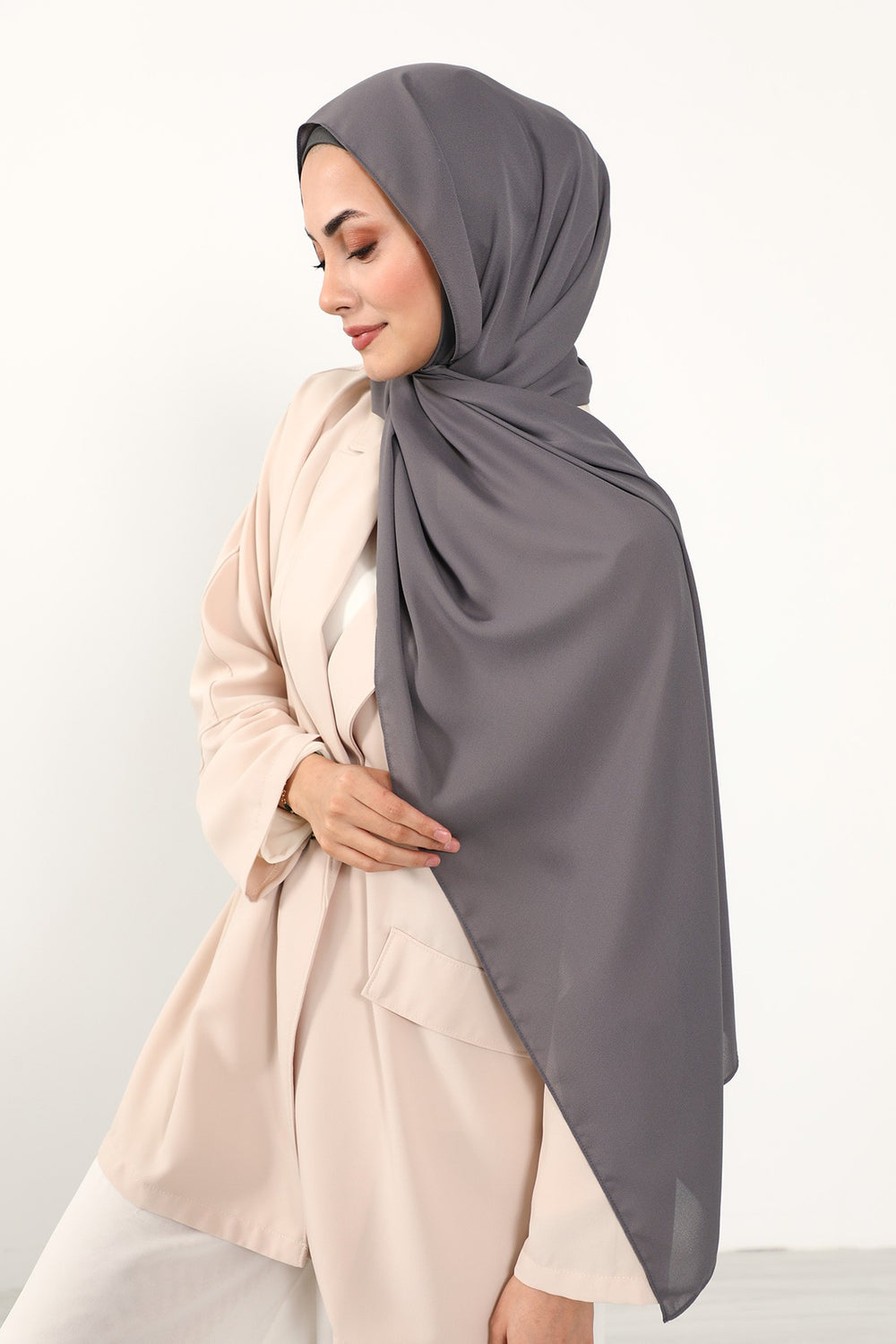 Two Piece Crepe Hijab Set with Cotton Bonnet, Lightweight Modest Scarf and Undercap Combo for Women,PS-50 Anthracite