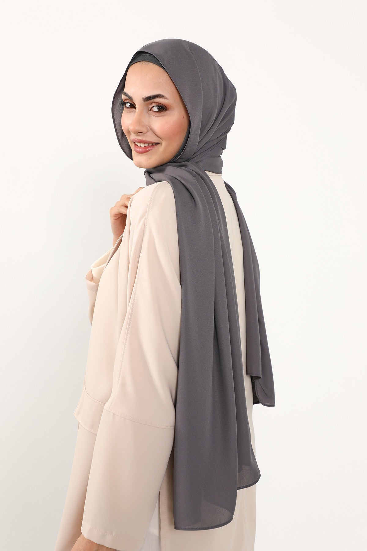 Two Piece Crepe Hijab Set with Cotton Bonnet, Lightweight Modest Scarf and Undercap Combo for Women,PS-50 Anthracite