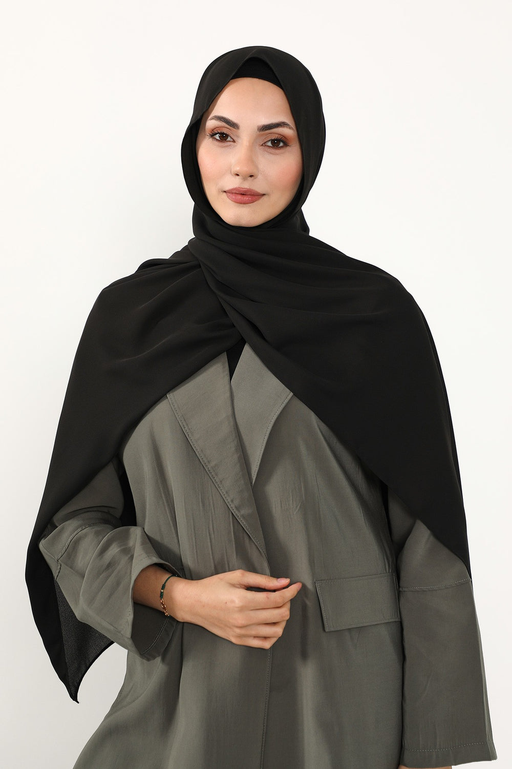 Two Piece Crepe Hijab Set with Cotton Bonnet, Lightweight Modest Scarf and Undercap Combo for Women,PS-50 Black