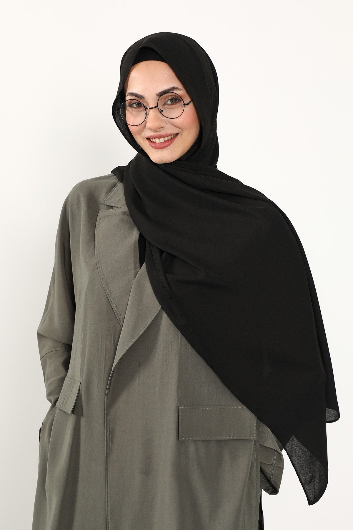 Two Piece Crepe Hijab Set with Cotton Bonnet, Lightweight Modest Scarf and Undercap Combo for Women,PS-50 Black