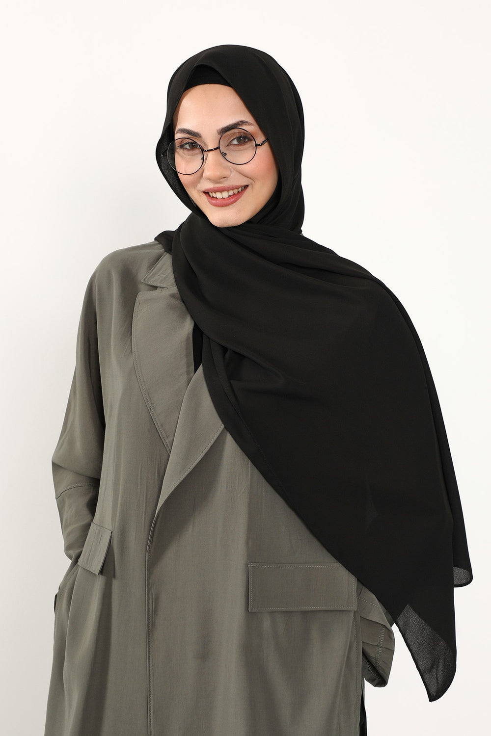 Two Piece Crepe Hijab Set with Cotton Bonnet, Lightweight Modest Scarf and Undercap Combo for Women,PS-50 Black