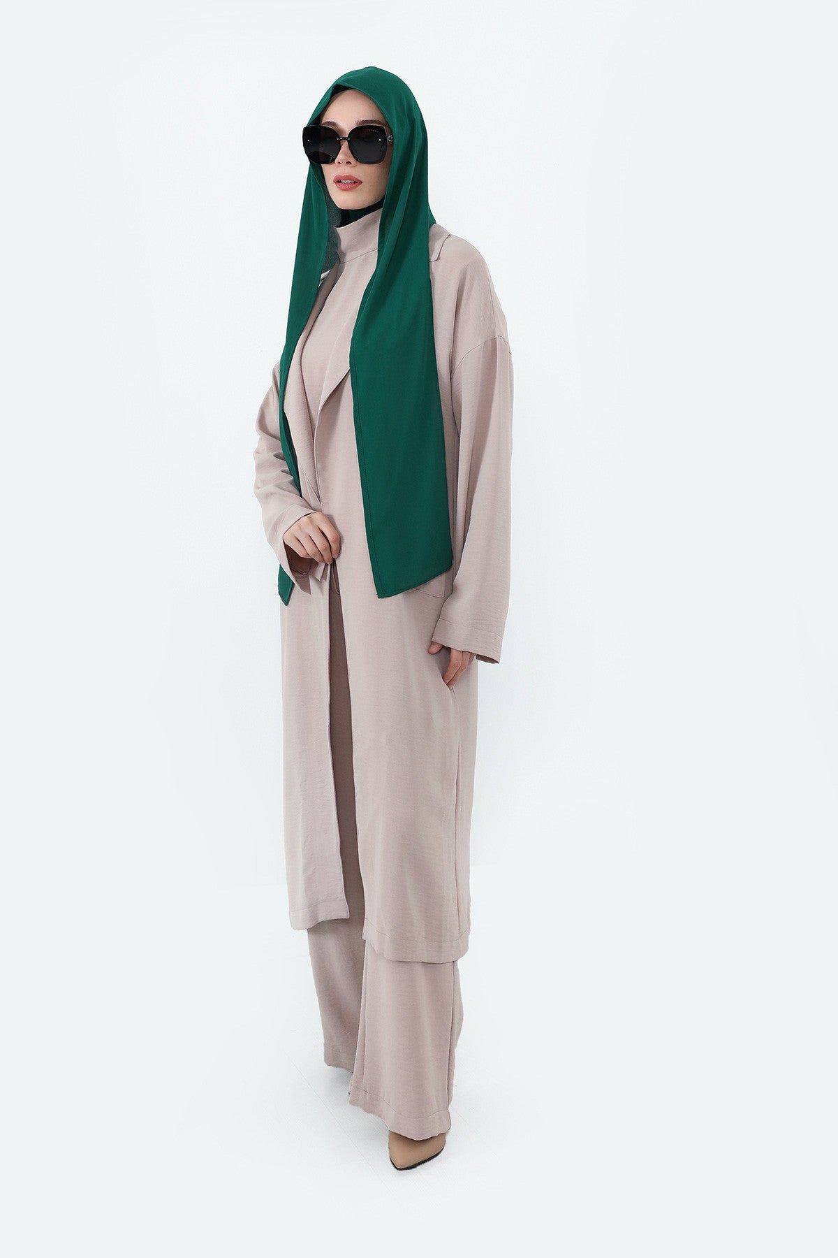 Two Piece Hijab Set Crepe Shawl with Cotton Under Cap Bonnet, Lightweight Modest Scarf and Undercap Combo for Women,PS-56 Green
