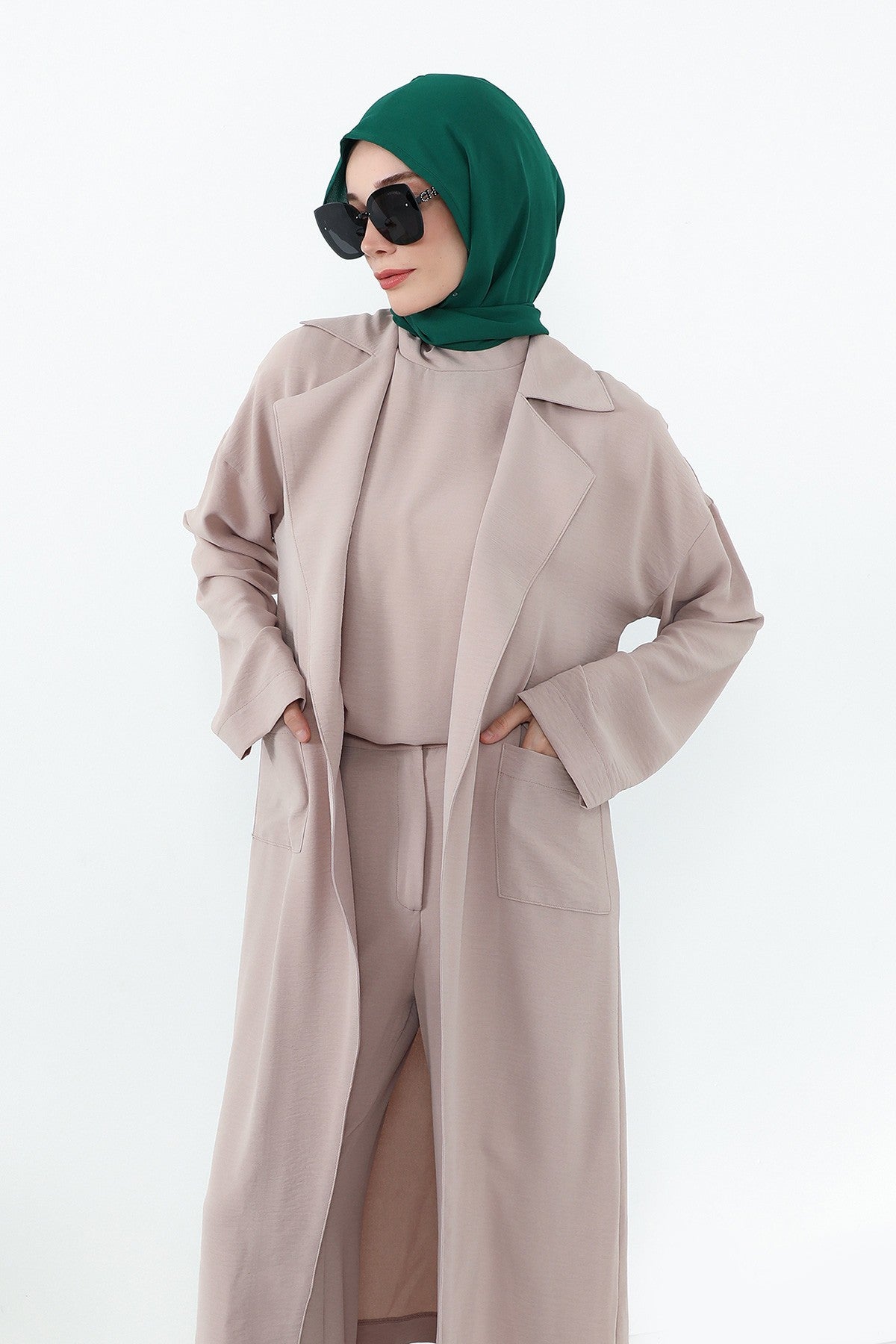 Two Piece Hijab Set Crepe Shawl with Cotton Under Cap Bonnet, Lightweight Modest Scarf and Undercap Combo for Women,PS-56 Green