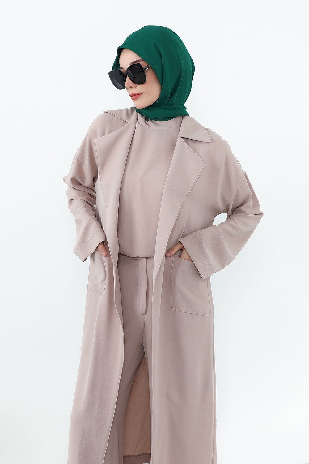 Two Piece Hijab Set Crepe Shawl with Cotton Under Cap Bonnet, Lightweight Modest Scarf and Undercap Combo for Women,PS-56 Green