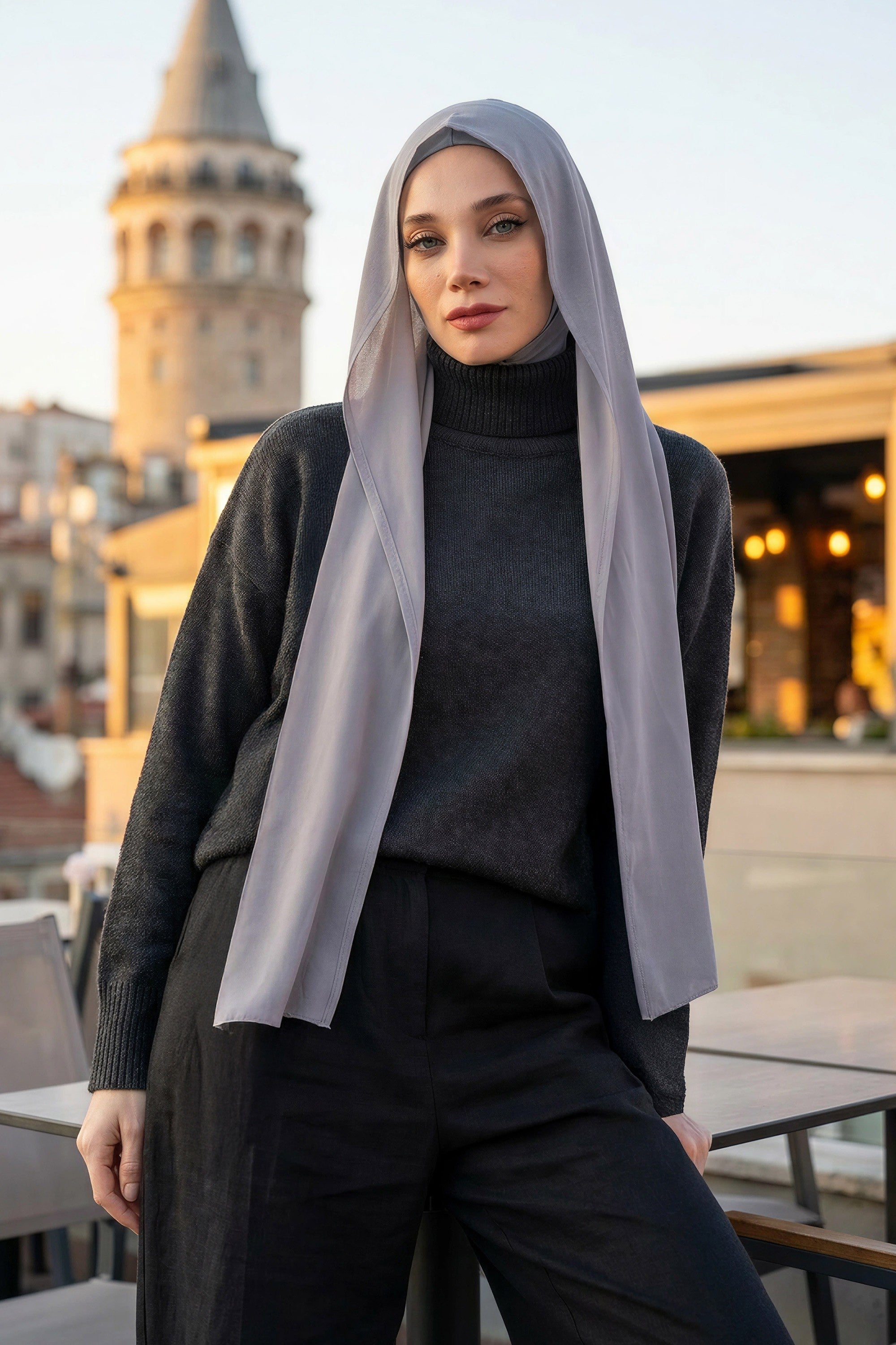 Two Piece Hijab Set Crepe Shawl with Cotton Under Cap Bonnet, Lightweight Modest Scarf and Undercap Combo for Women,PS-56 Gri