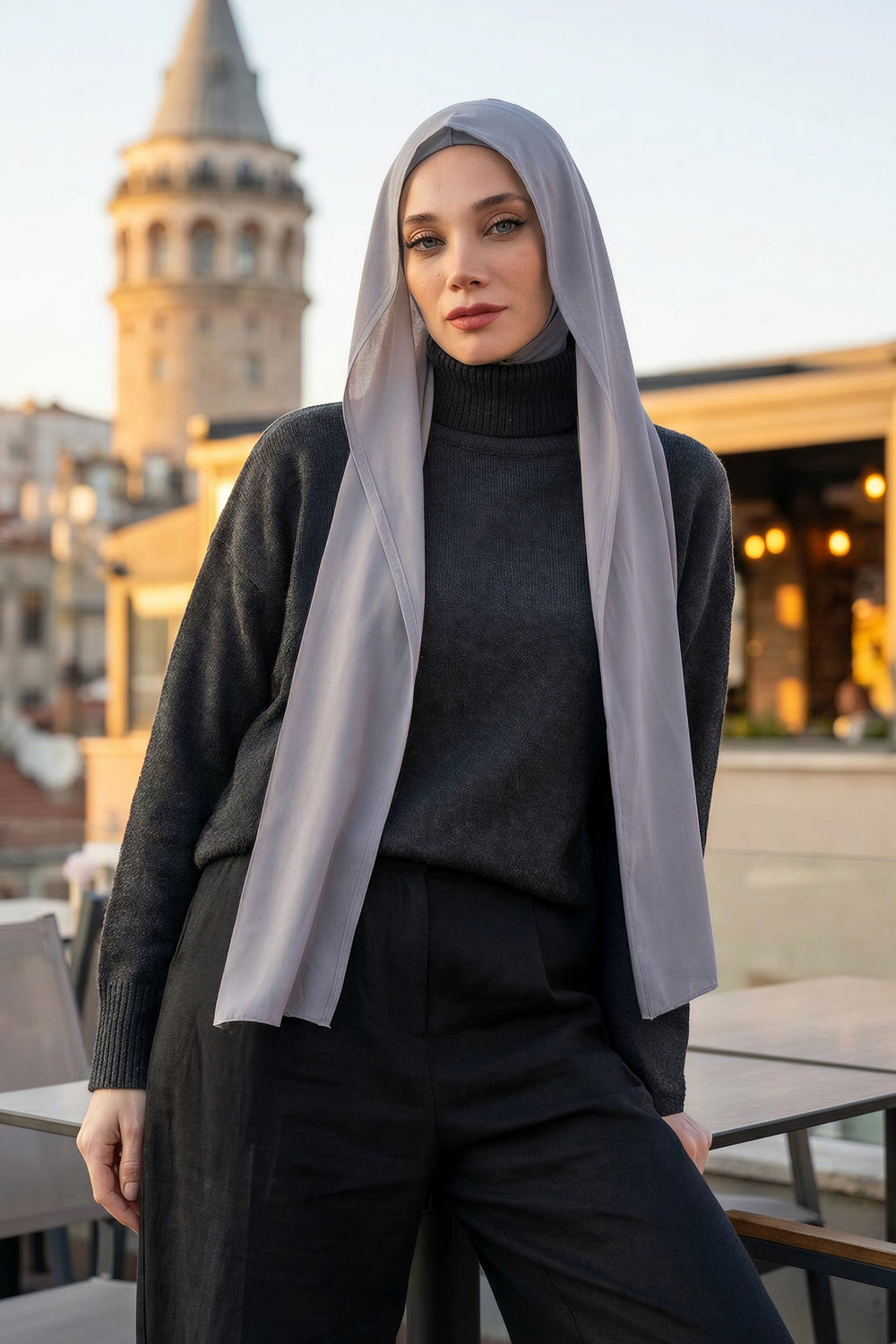 Two Piece Hijab Set Crepe Shawl with Cotton Under Cap Bonnet, Lightweight Modest Scarf and Undercap Combo for Women,PS-56 Gri