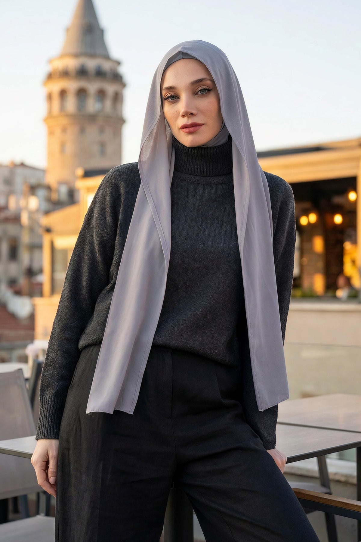 Two Piece Hijab Set Crepe Shawl with Cotton Under Cap Bonnet, Lightweight Modest Scarf and Undercap Combo for Women,PS-56 Gri