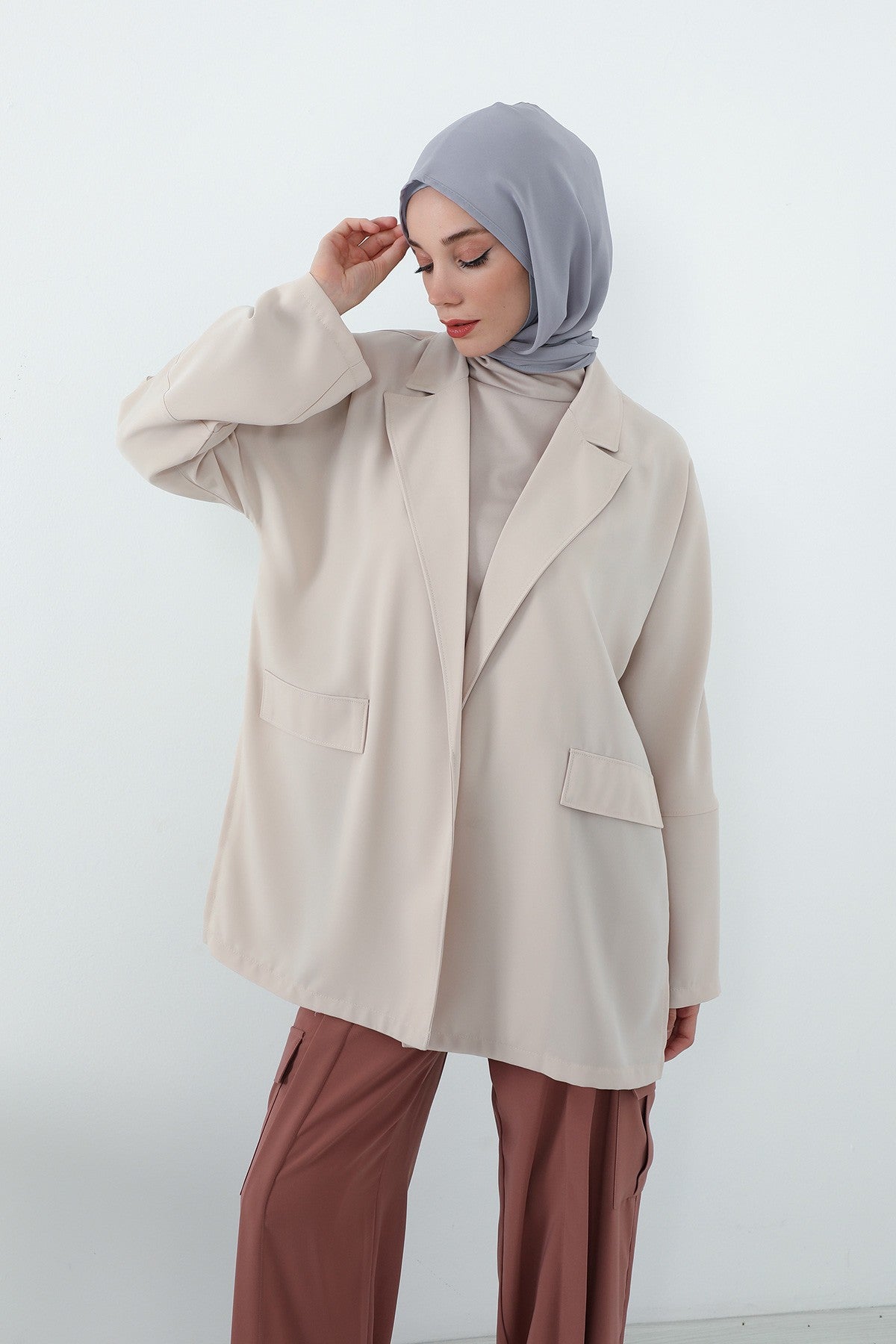 Two Piece Hijab Set Crepe Shawl with Cotton Under Cap Bonnet, Lightweight Modest Scarf and Undercap Combo for Women,PS-56 Gri