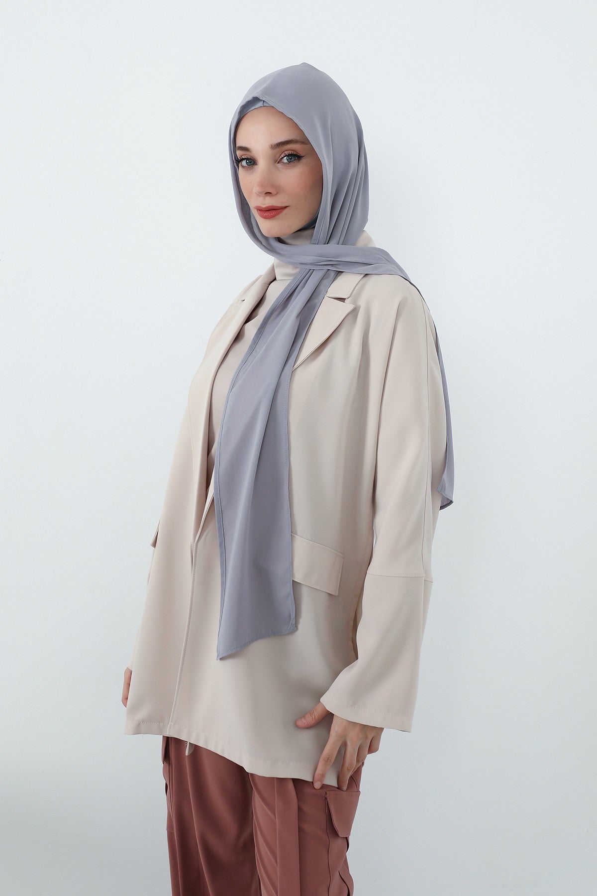 Two Piece Hijab Set Crepe Shawl with Cotton Under Cap Bonnet, Lightweight Modest Scarf and Undercap Combo for Women,PS-56 Gri