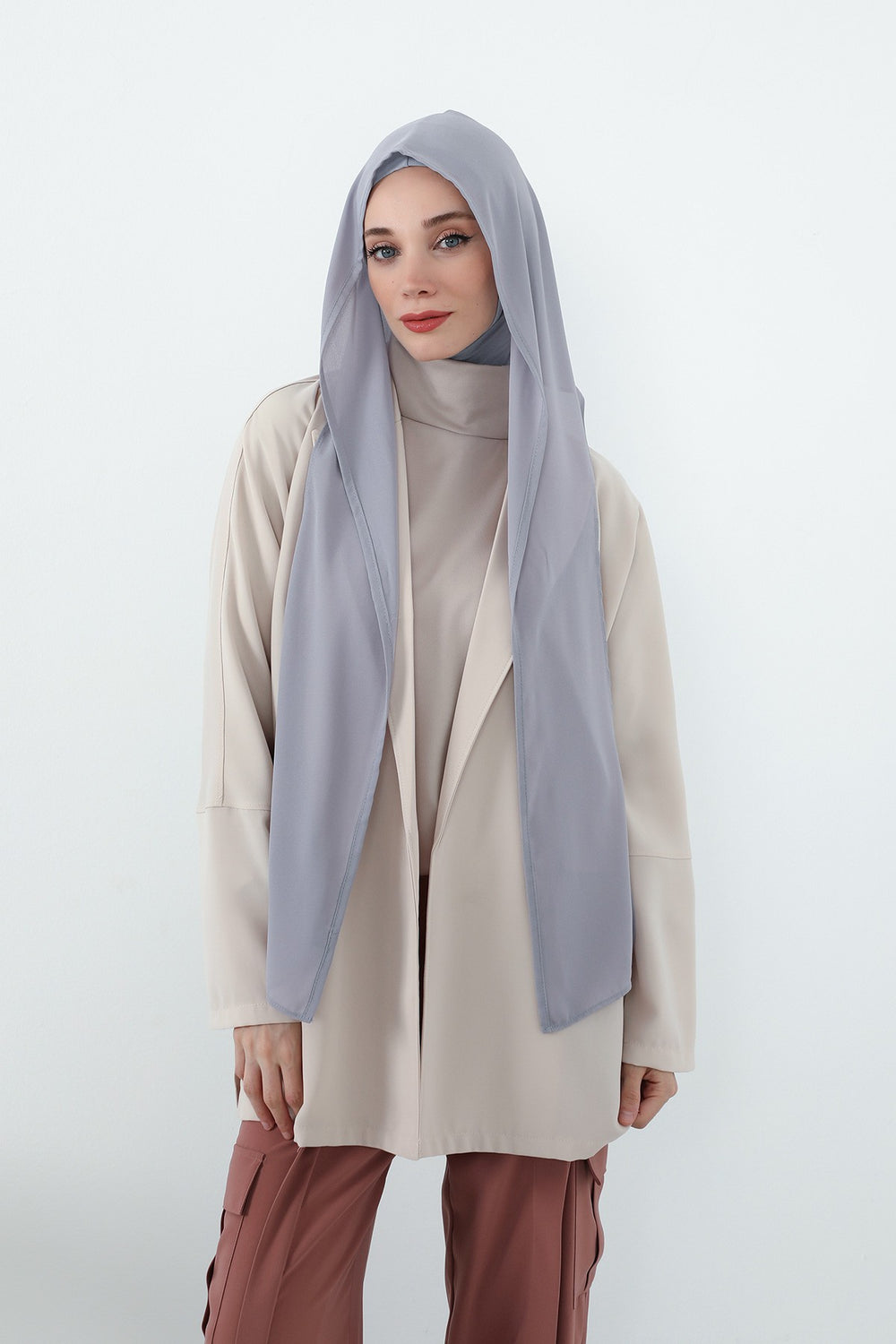 Two Piece Hijab Set Crepe Shawl with Cotton Under Cap Bonnet, Lightweight Modest Scarf and Undercap Combo for Women,PS-56 Gri