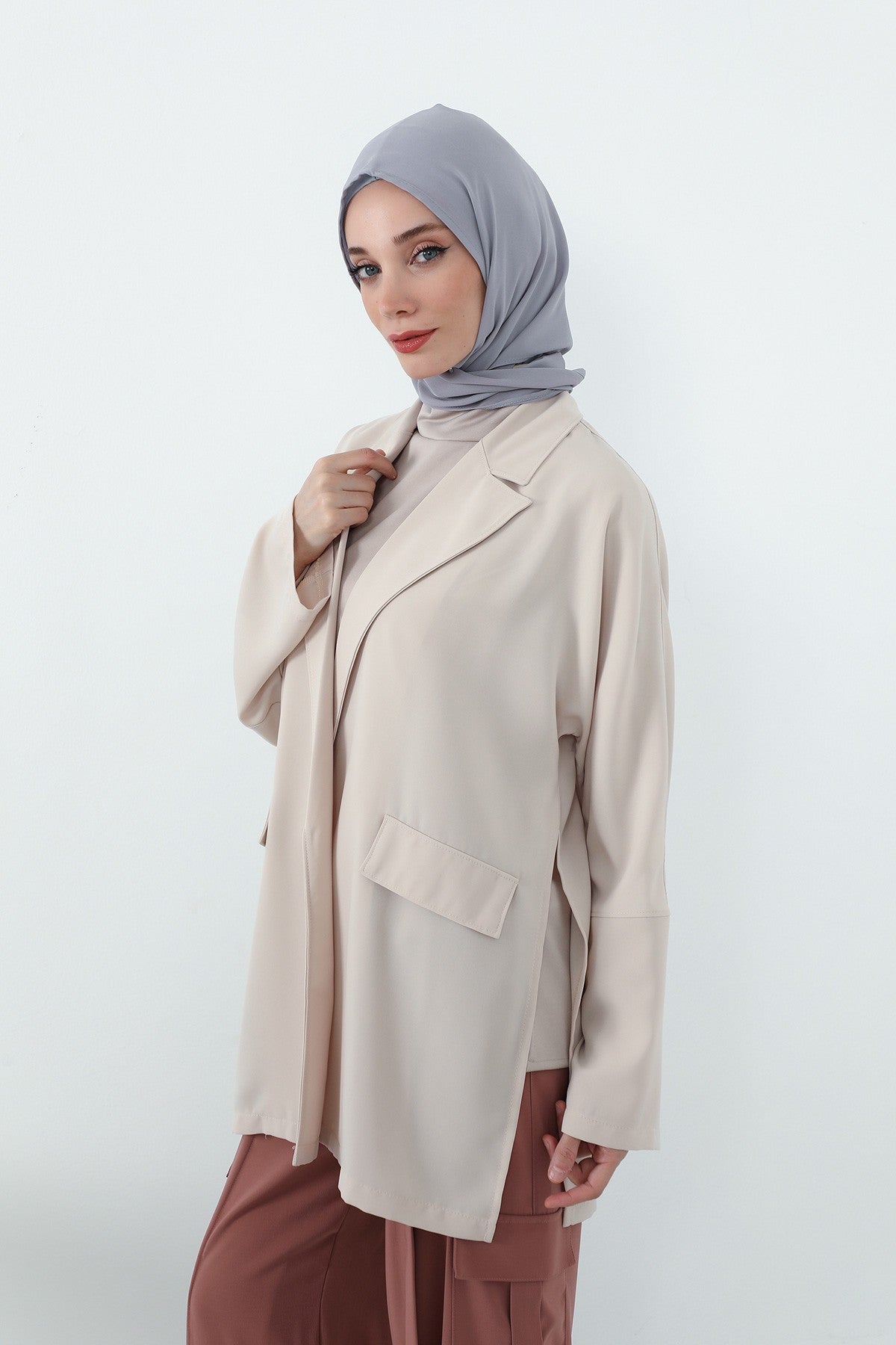 Two Piece Hijab Set Crepe Shawl with Cotton Under Cap Bonnet, Lightweight Modest Scarf and Undercap Combo for Women,PS-56 Gri