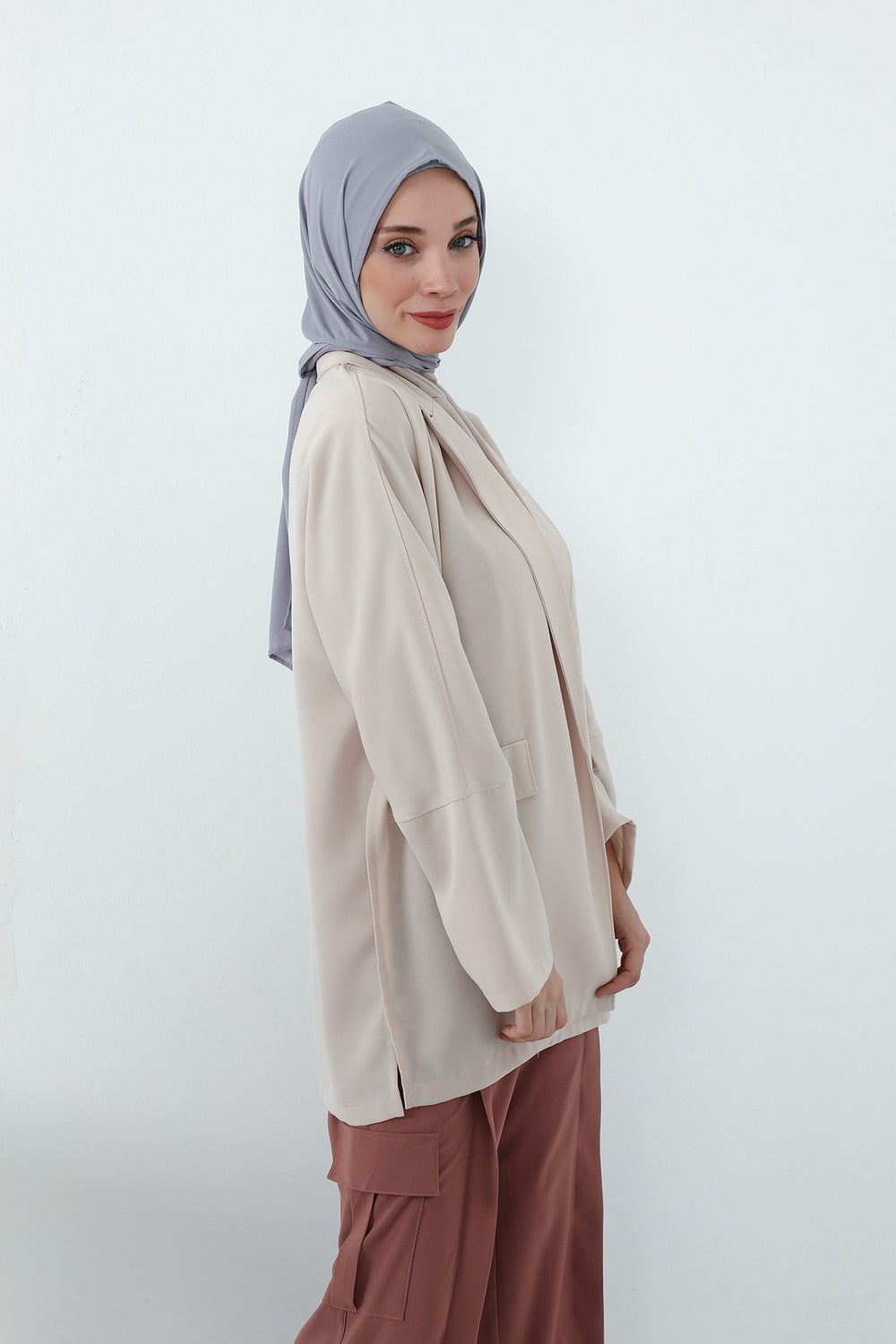 Two Piece Hijab Set Crepe Shawl with Cotton Under Cap Bonnet, Lightweight Modest Scarf and Undercap Combo for Women,PS-56 Gri