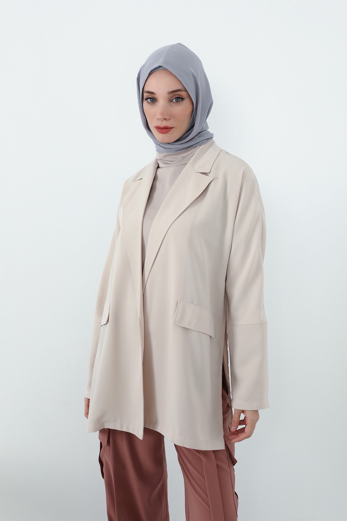 Two Piece Hijab Set Crepe Shawl with Cotton Under Cap Bonnet, Lightweight Modest Scarf and Undercap Combo for Women,PS-56 Gri