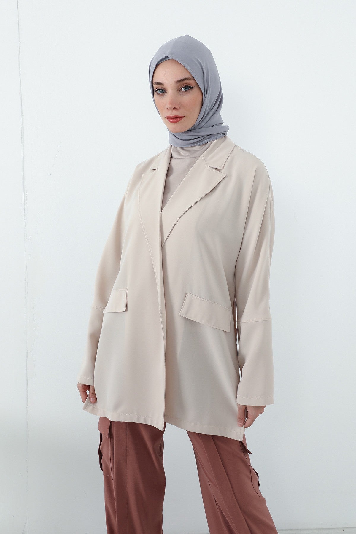 Two Piece Hijab Set Crepe Shawl with Cotton Under Cap Bonnet, Lightweight Modest Scarf and Undercap Combo for Women,PS-56 Gri